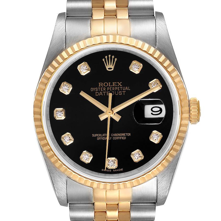 Rolex Datejust 18k Steel Yellow Gold Black Diamond Mens Watch 16233 SwissWatchExpo