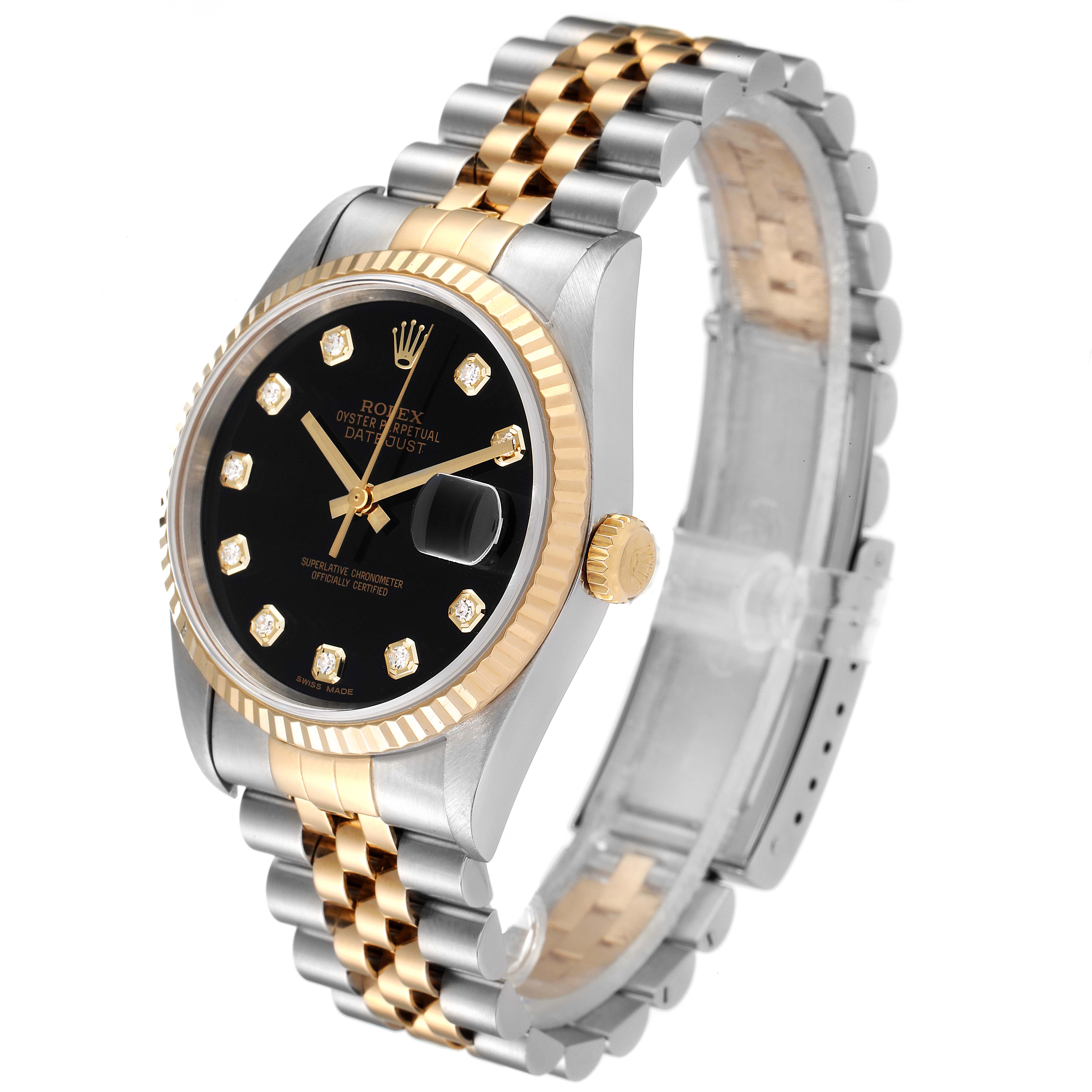 This image shows a Rolex Datejust 16233 Men's Steel and Gold (two tone) Black Dial 16233 Men's Steel and Gold (two tone) Black Dial watch at a slight angle from the front, highlighting its black dial, gold accents, and two-tone bracelet.
