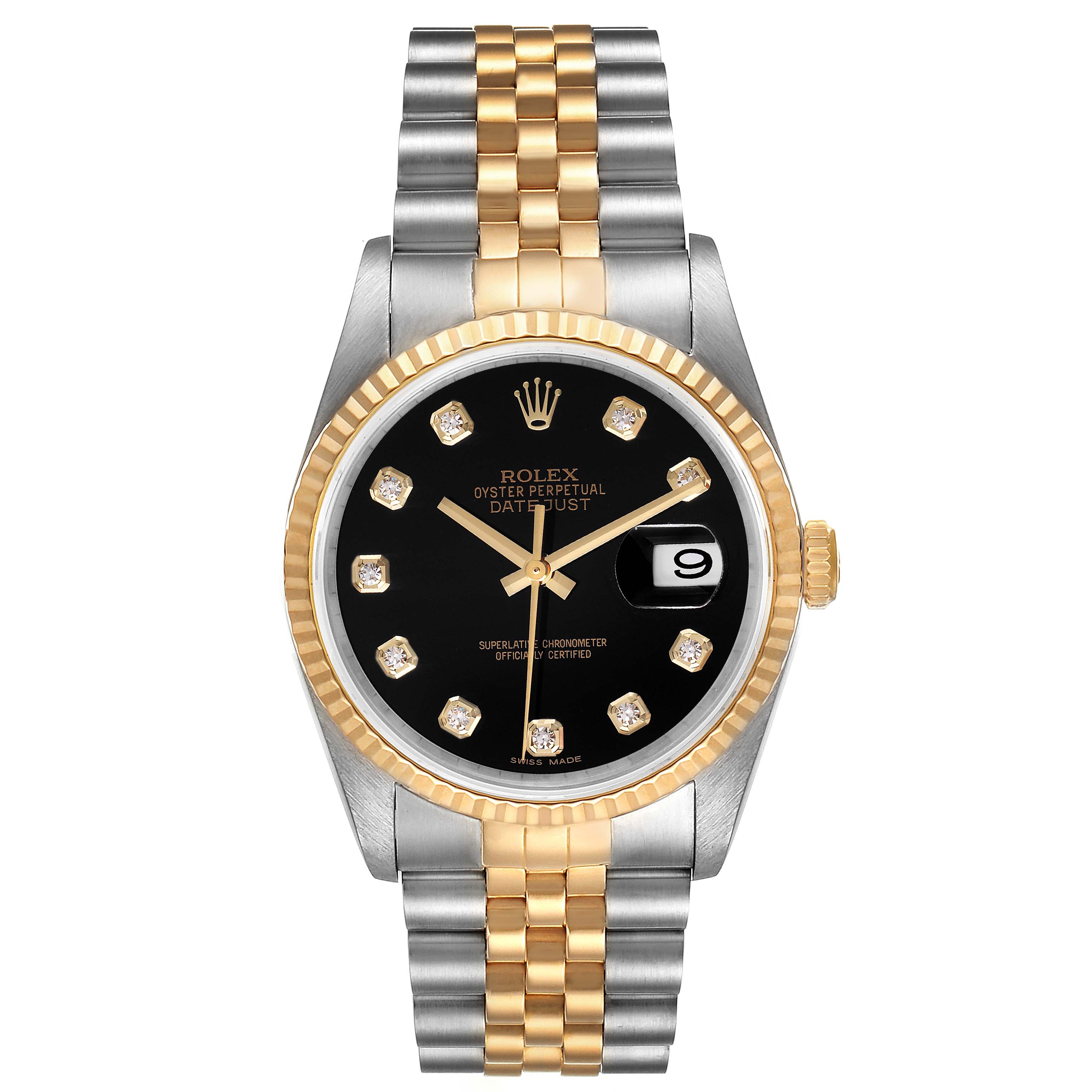 The image shows a Rolex Datejust 16233 Men's Steel and Gold (two tone) Black Dial 16233 Men's Steel and Gold (two tone) Black Dial watch, front view, featuring a two-tone bracelet, black dial, diamond hour markers, and a date window.