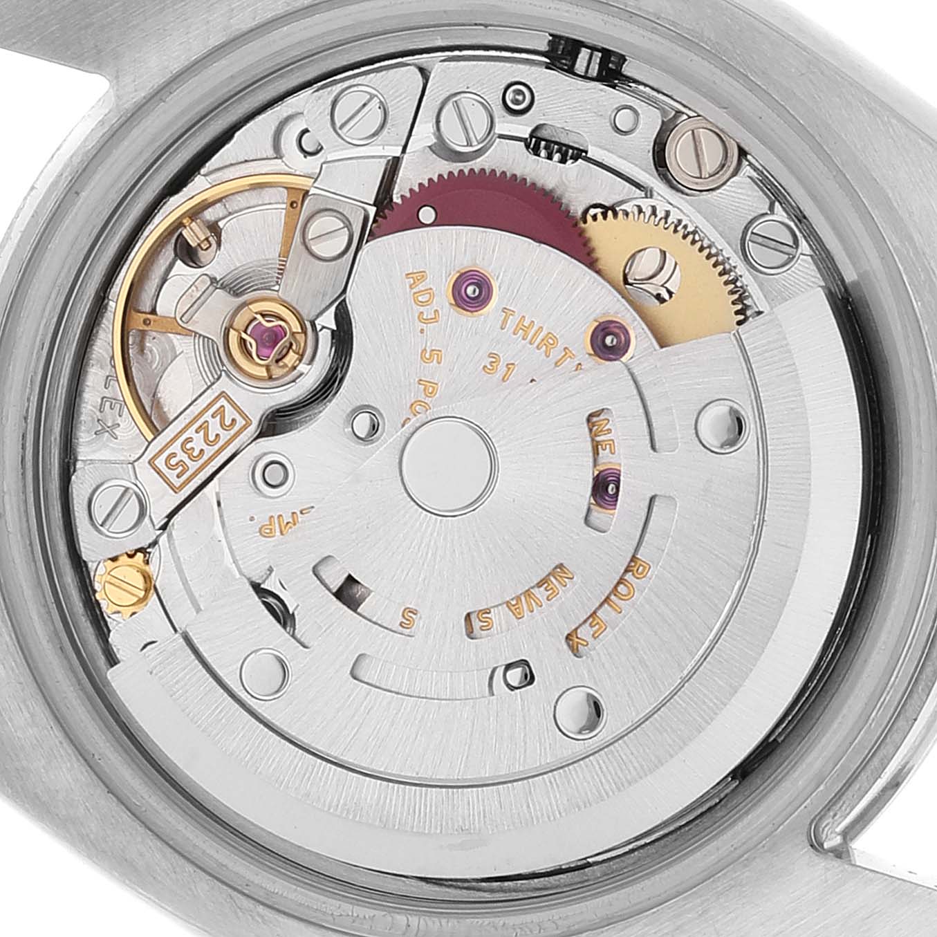 This image shows the movement and internal mechanics of a Rolex Datejust 179160 Women's Stainless Steel Silver Dial 179160 Women's Stainless Steel Silver Dial watch, viewed from the back.