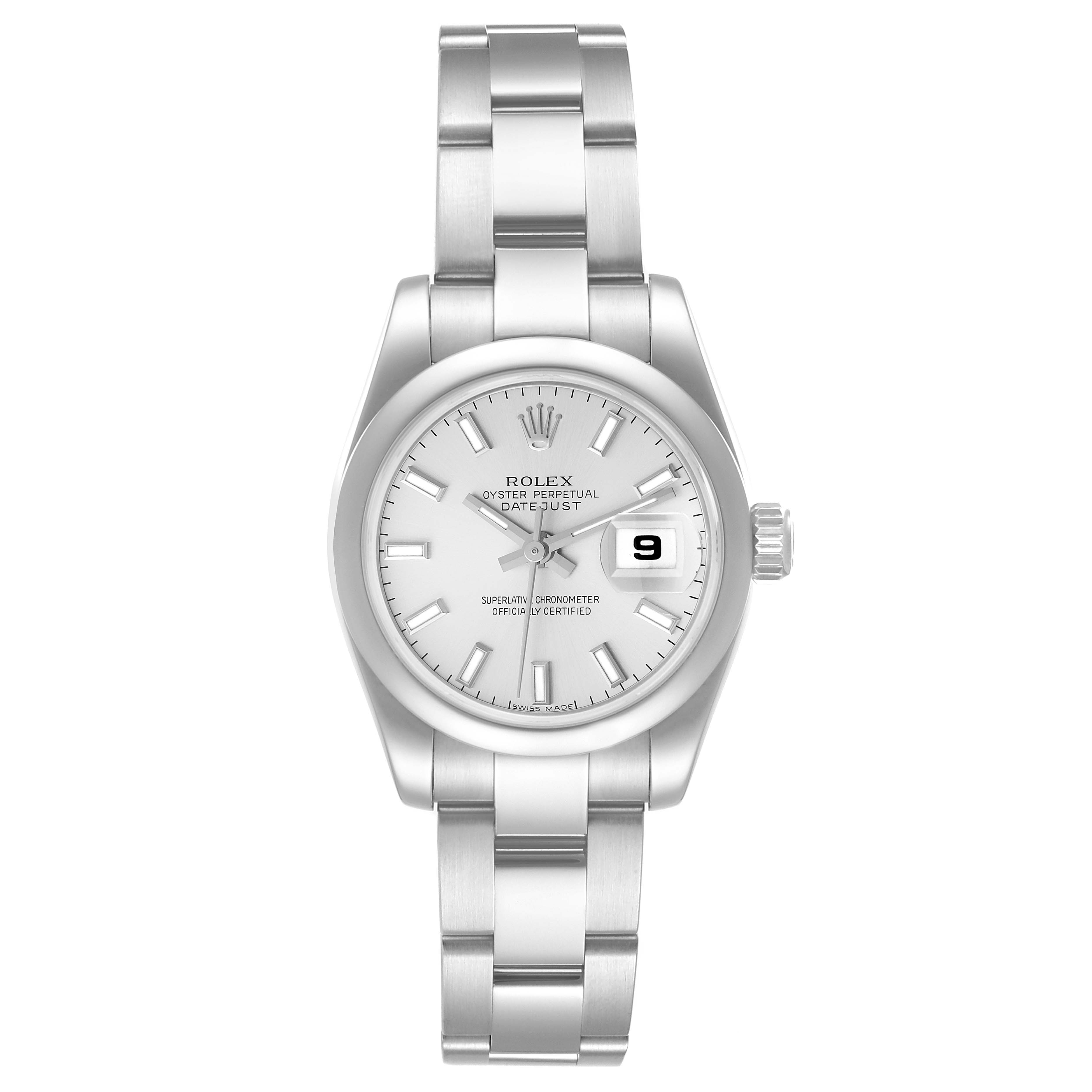 The Rolex Datejust 179160 Women's Stainless Steel Silver Dial 179160 Women's Stainless Steel Silver Dial watch is shown from a top-down angle, displaying the face, bracelet, and crown.