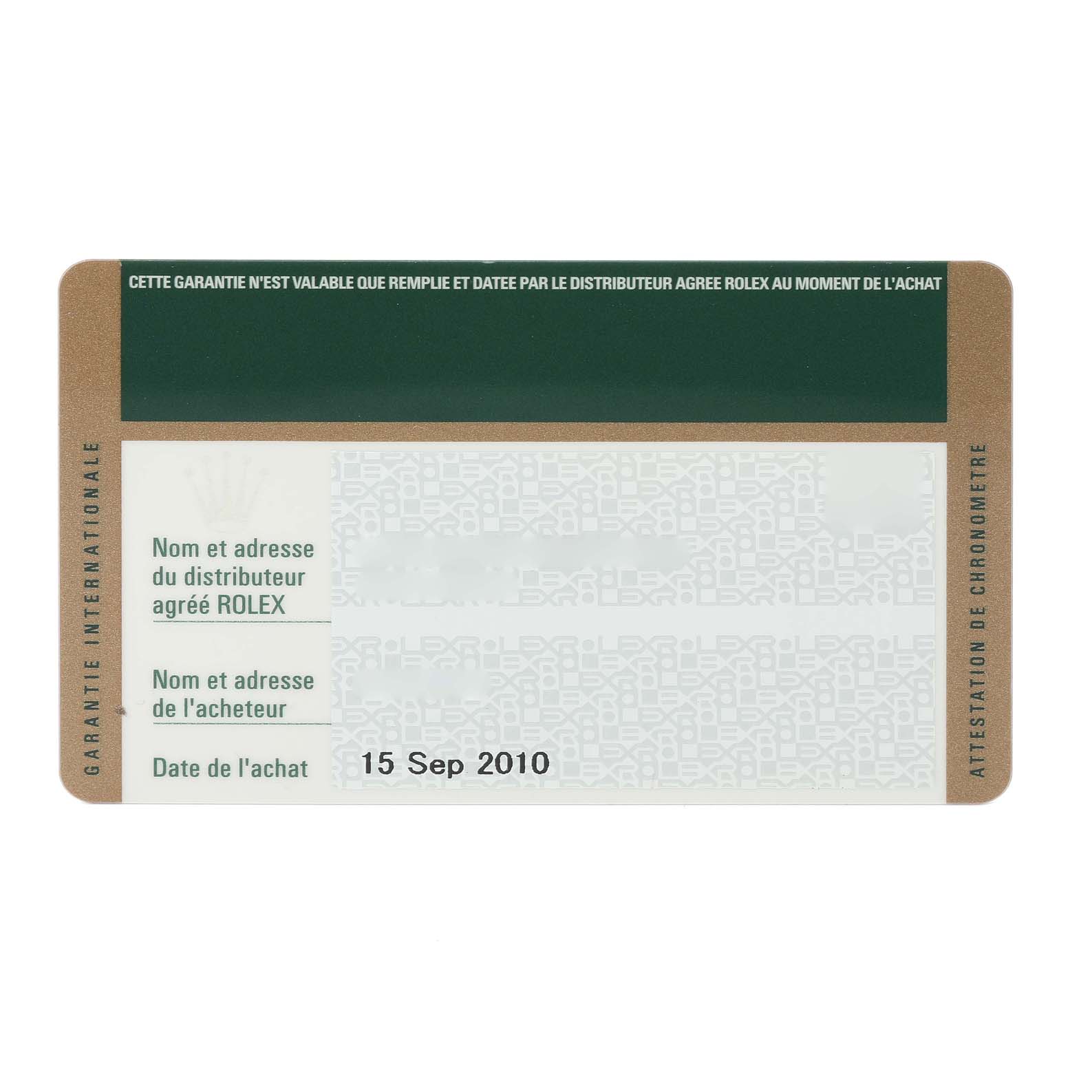 This image shows a warranty card for the Rolex Datejust 179160 Women's Stainless Steel Silver Dial 179160 Women's Stainless Steel Silver Dial model, dated 15 Sep 2010.