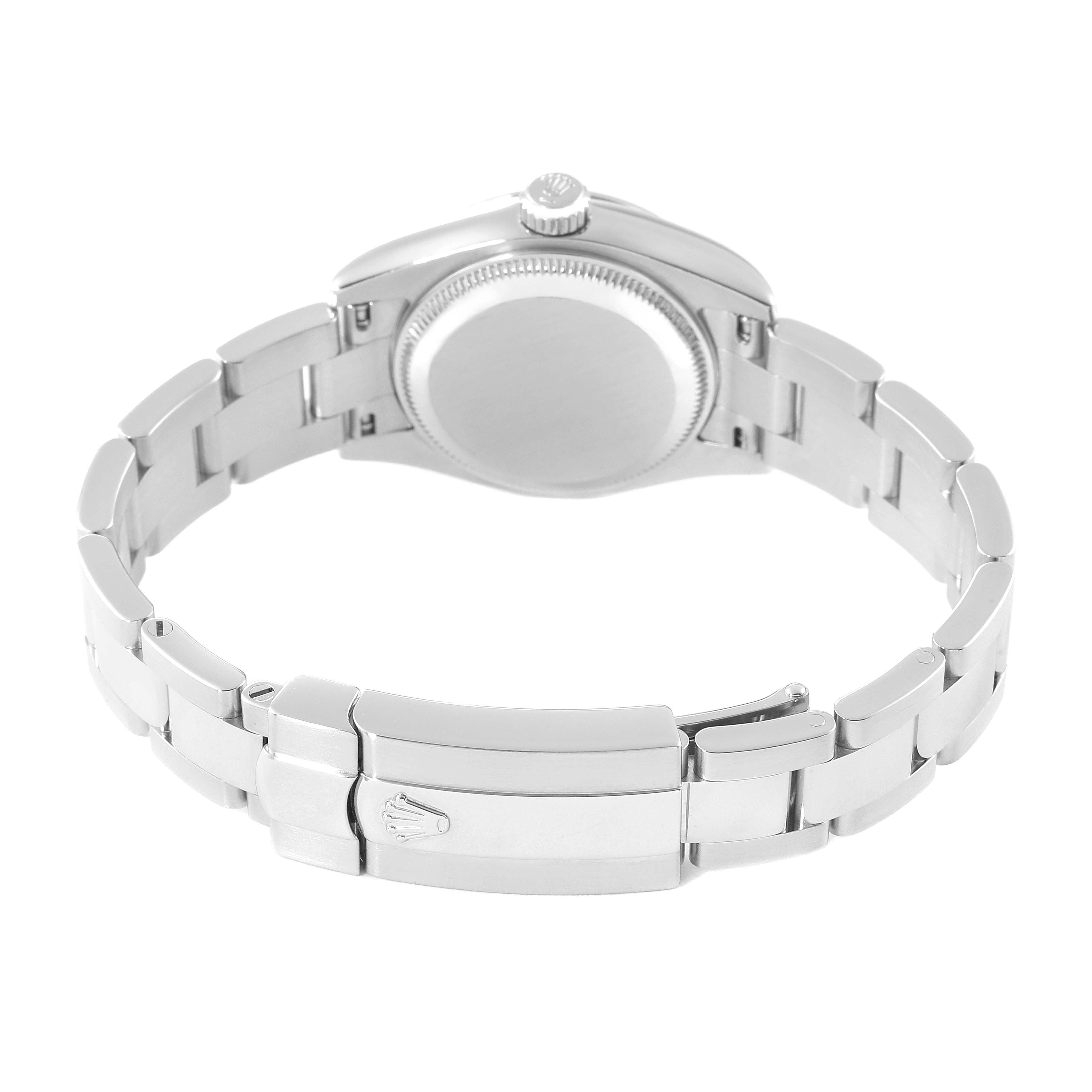 The image shows the back and bracelet of a Rolex Datejust 179160 Women's Stainless Steel Silver Dial 179160 Women's Stainless Steel Silver Dial watch, highlighting the clasp, case back, and crown.