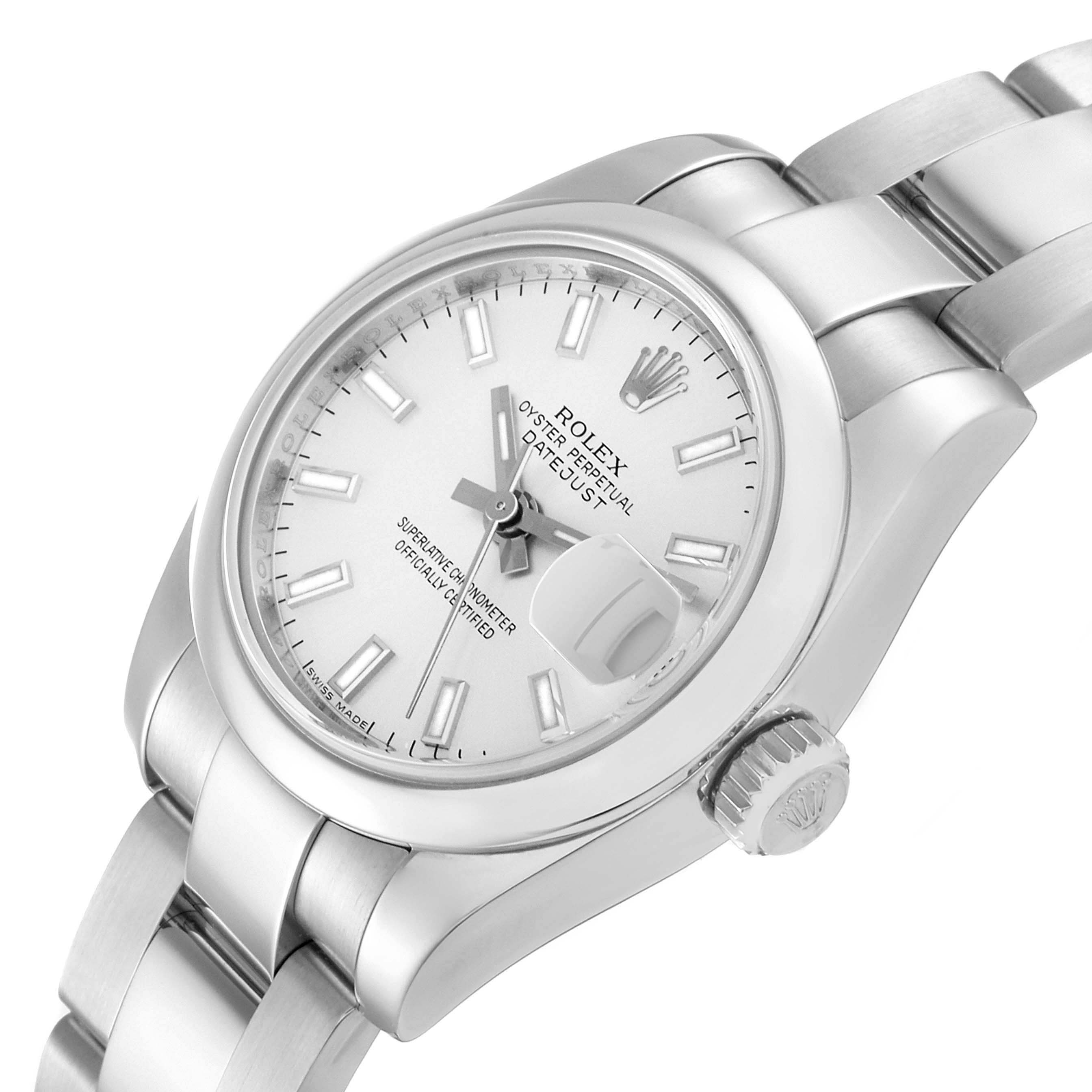 The image shows the front and side of a Rolex Datejust 179160 Women's Stainless Steel Silver Dial 179160 Women's Stainless Steel Silver Dial, highlighting the dial, bracelet, crown, and date magnifier.