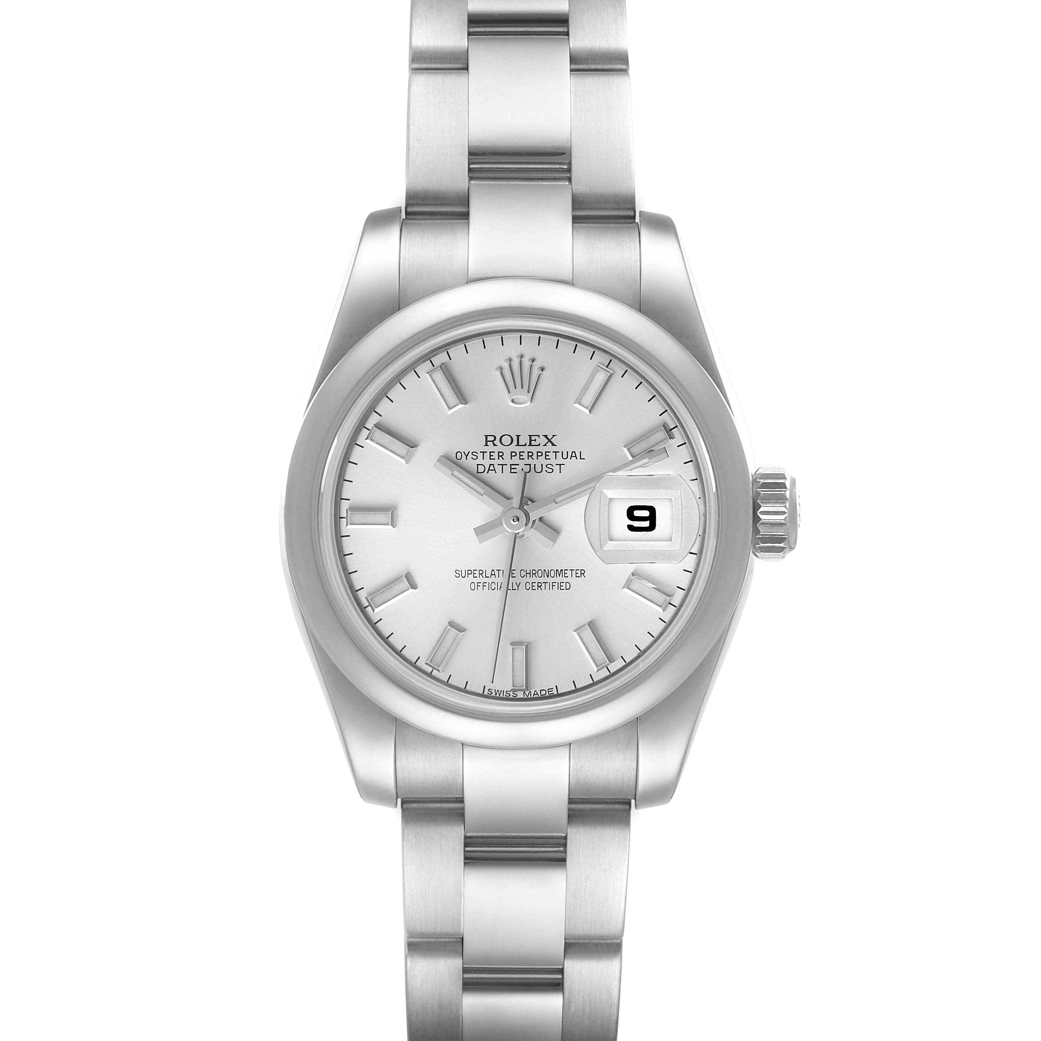 This Rolex Datejust 179160 Women's Stainless Steel Silver Dial 179160 Women's Stainless Steel Silver Dial watch is shown from a front angle, displaying the face, bracelet, and date window.