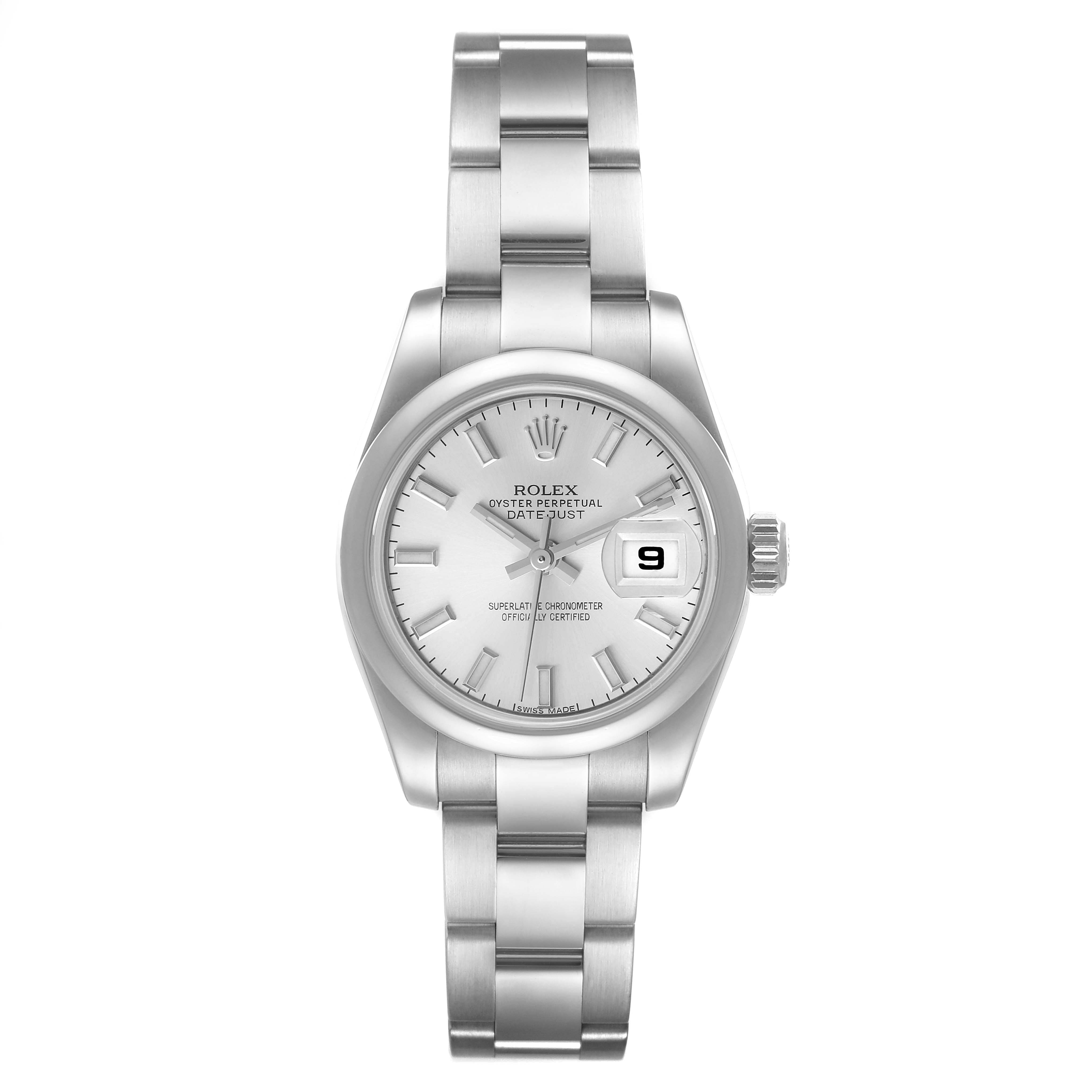This is a full-front view of a Rolex Datejust 179160 Women's Stainless Steel Silver Dial 179160 Women's Stainless Steel Silver Dial watch showing its face, bezel, bracelet, and date window.