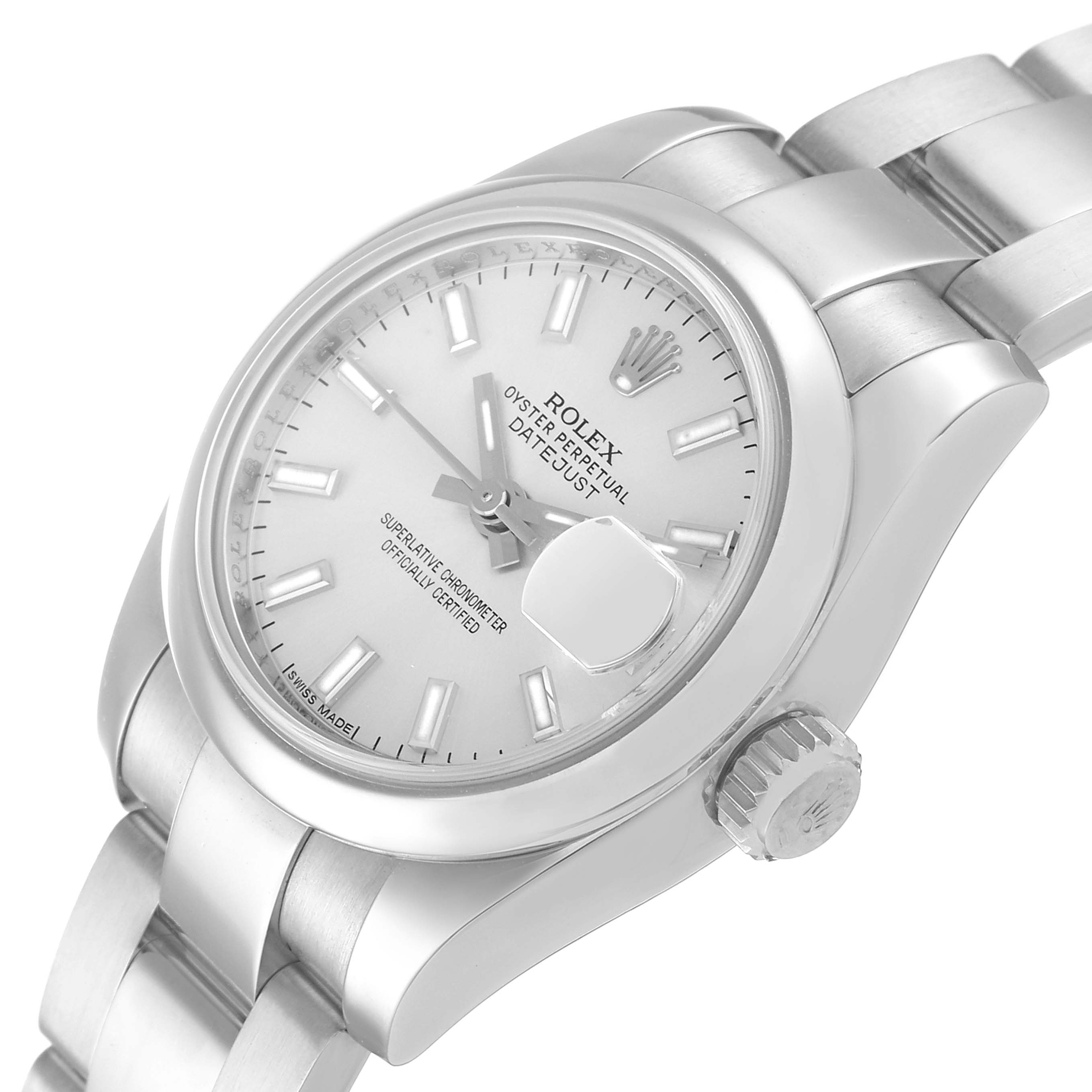 The image shows the Rolex Datejust 179160 Women's Stainless Steel Silver Dial 179160 Women's Stainless Steel Silver Dial watch from a three-quarter angle, highlighting the dial, crown, bracelet, and date magnifier.