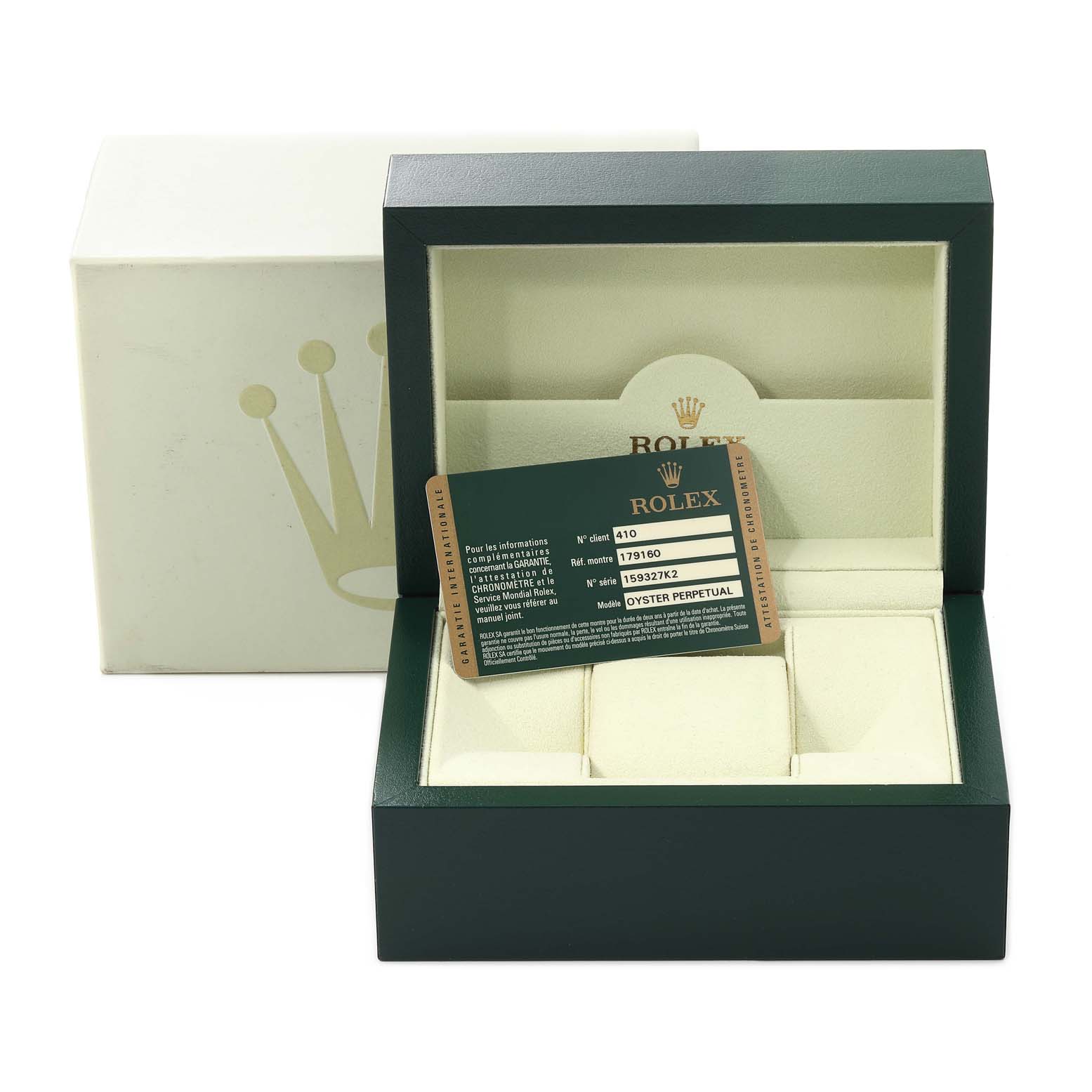 The image shows a Rolex Datejust 179160 Women's Stainless Steel Silver Dial 179160 Women's Stainless Steel Silver Dial's open box with an authentication card and outer packaging box.