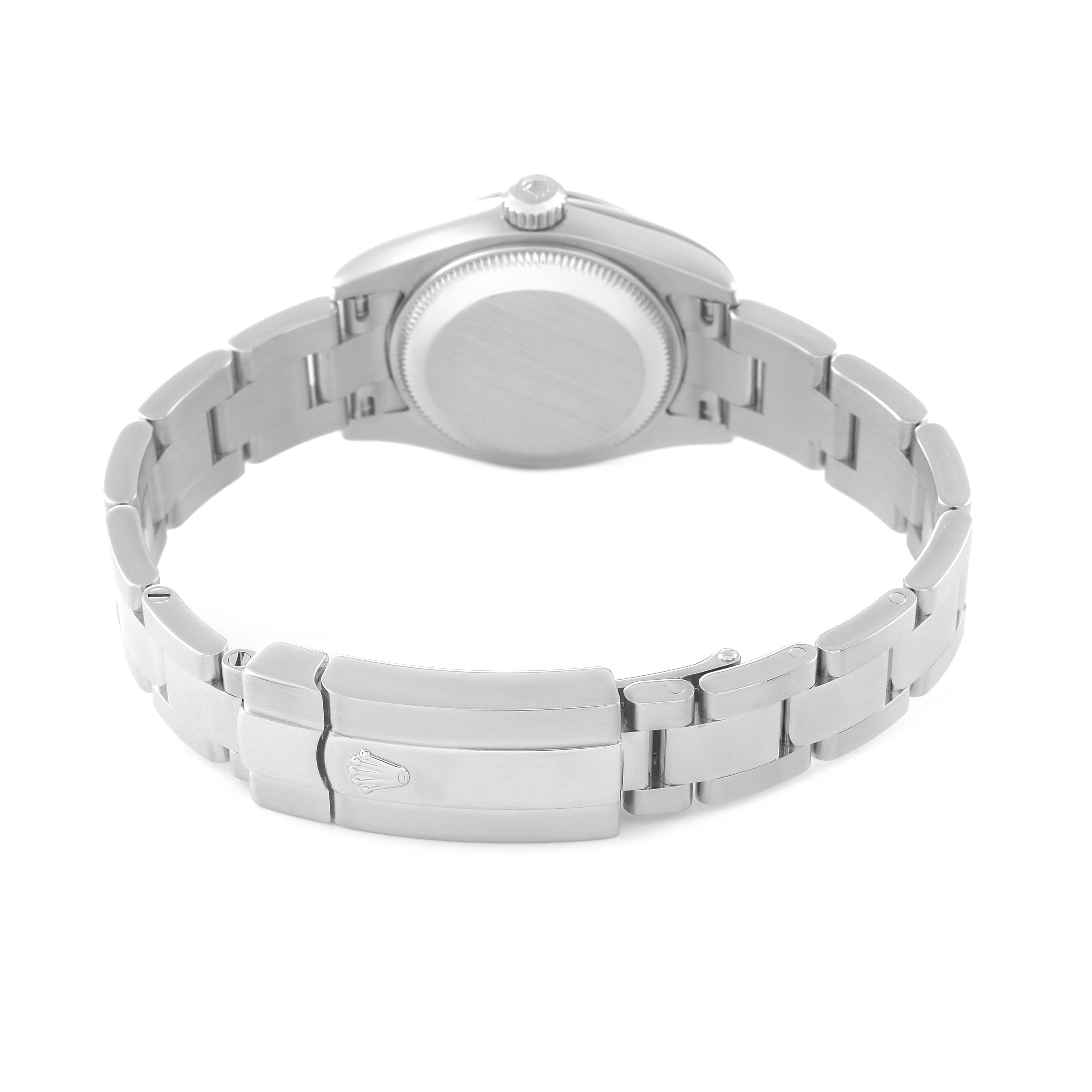 The image shows the back view of a Rolex Datejust 179160 Women's Stainless Steel Silver Dial 179160 Women's Stainless Steel Silver Dial watch, highlighting its clasp, bracelet, and case back.