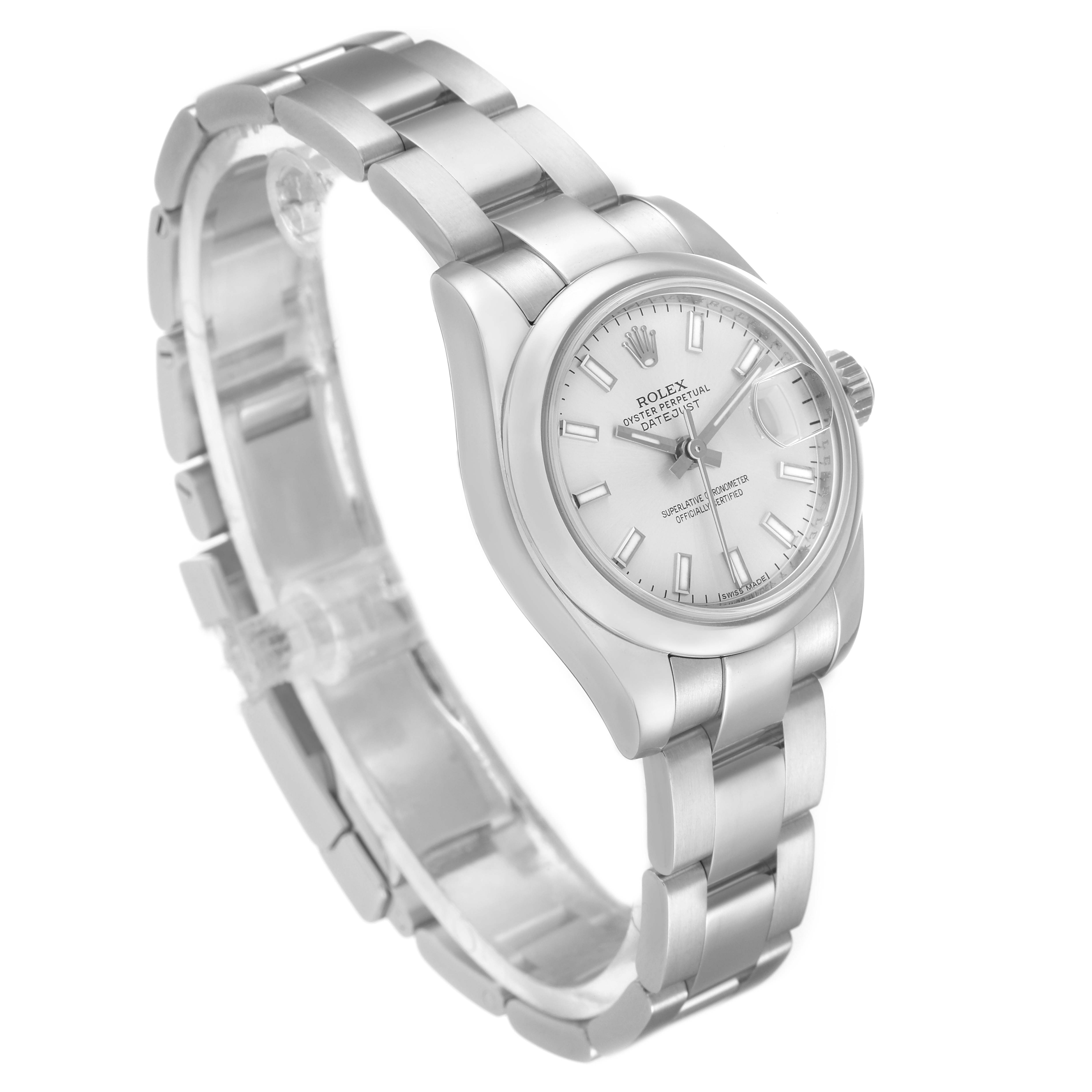 The Rolex Datejust 179160 Women's Stainless Steel Silver Dial 179160 Women's Stainless Steel Silver Dial watch is shown at a three-quarter angle, highlighting its dial, bezel, crown, and metal bracelet.