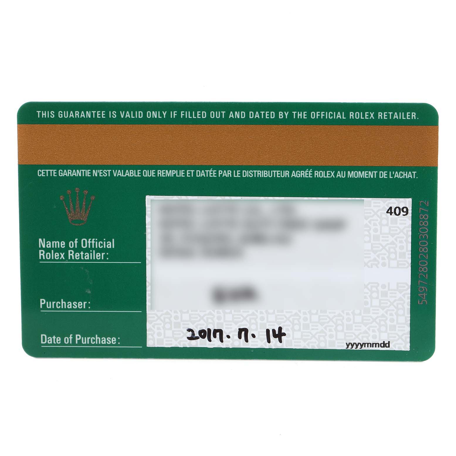 This is a Rolex Datejust 279160 Women's Stainless Steel Pink Dial 279160 Women's Stainless Steel Pink Dial guarantee card, showing the official retailer's name, purchaser, and date of purchase.