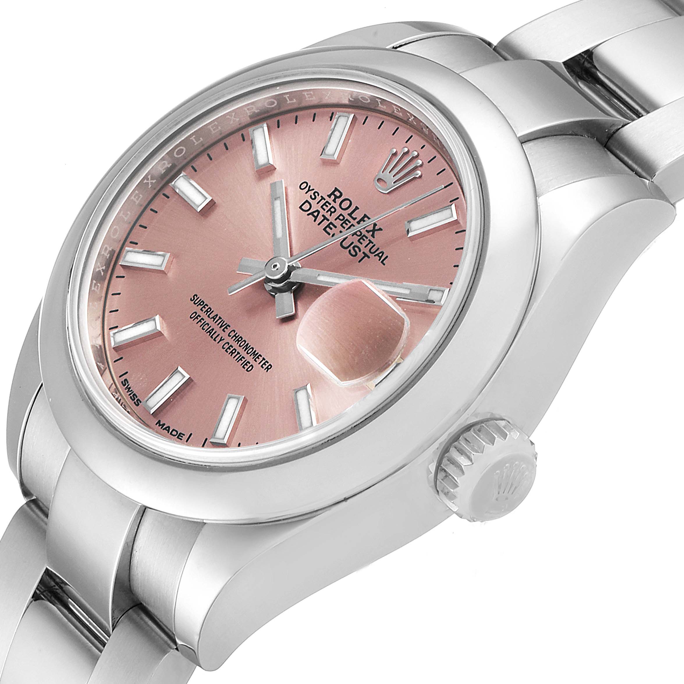 The image shows a Rolex Datejust 279160 Women's Stainless Steel Pink Dial 279160 Women's Stainless Steel Pink Dial watch at an angle highlighting the pink dial, date window, crown, and part of the bracelet.
