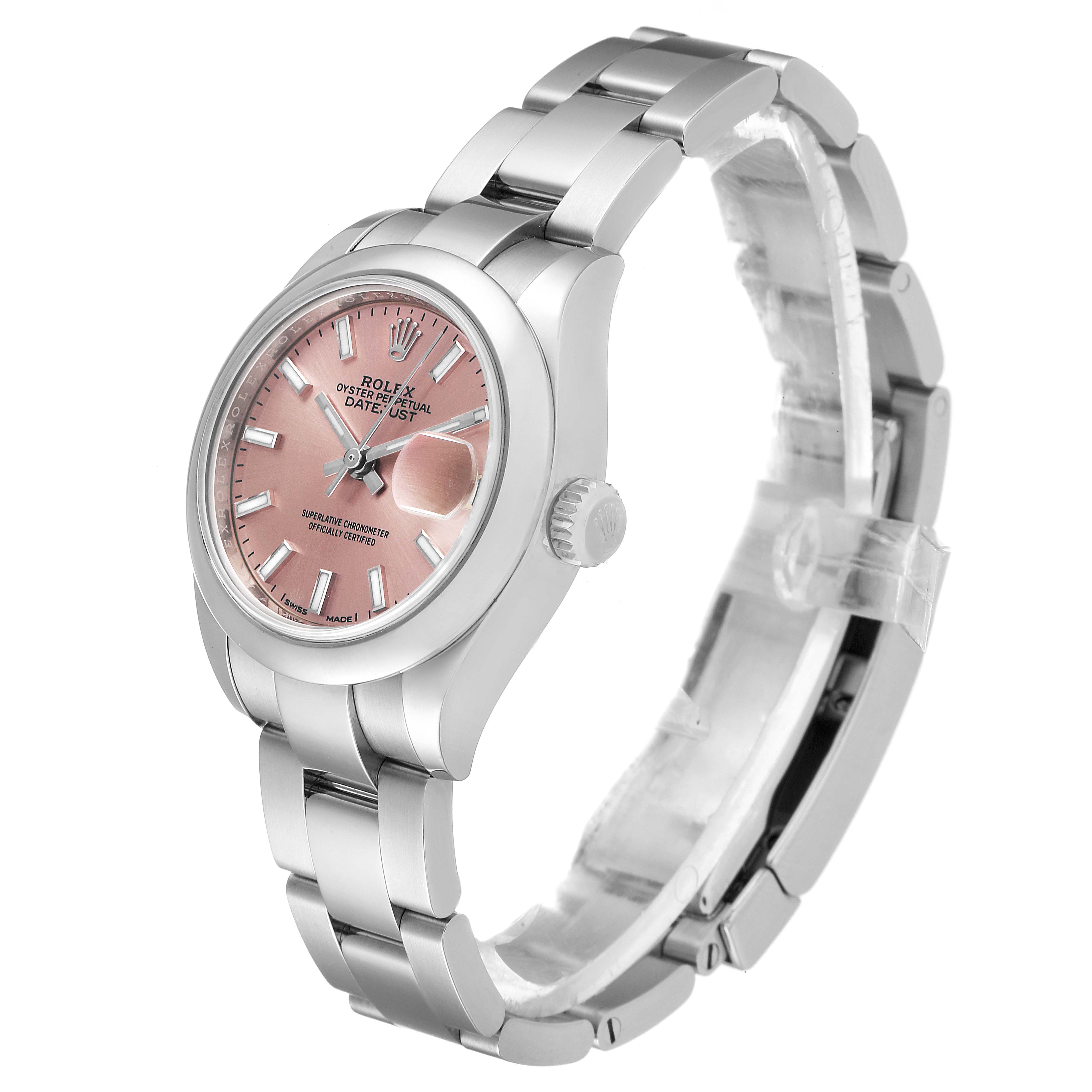 The image shows a Rolex Datejust 279160 Women's Stainless Steel Pink Dial 279160 Women's Stainless Steel Pink Dial watch at a slight angle, displaying the pink dial, crown, and part of the stainless steel bracelet.