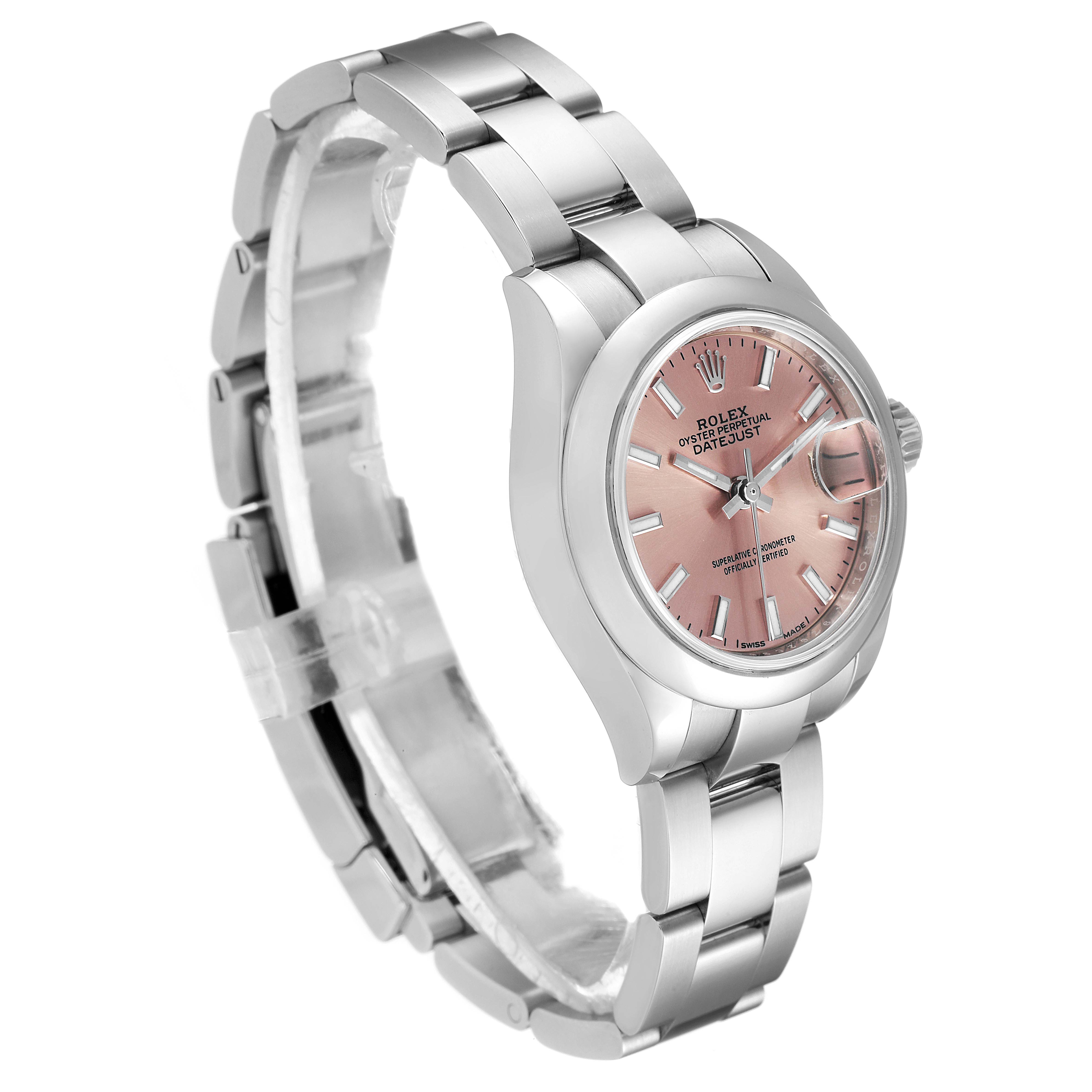 This image shows a Rolex Datejust 279160 Women's Stainless Steel Pink Dial 279160 Women's Stainless Steel Pink Dial model watch at a slight side angle, highlighting its pink dial and silver bracelet.