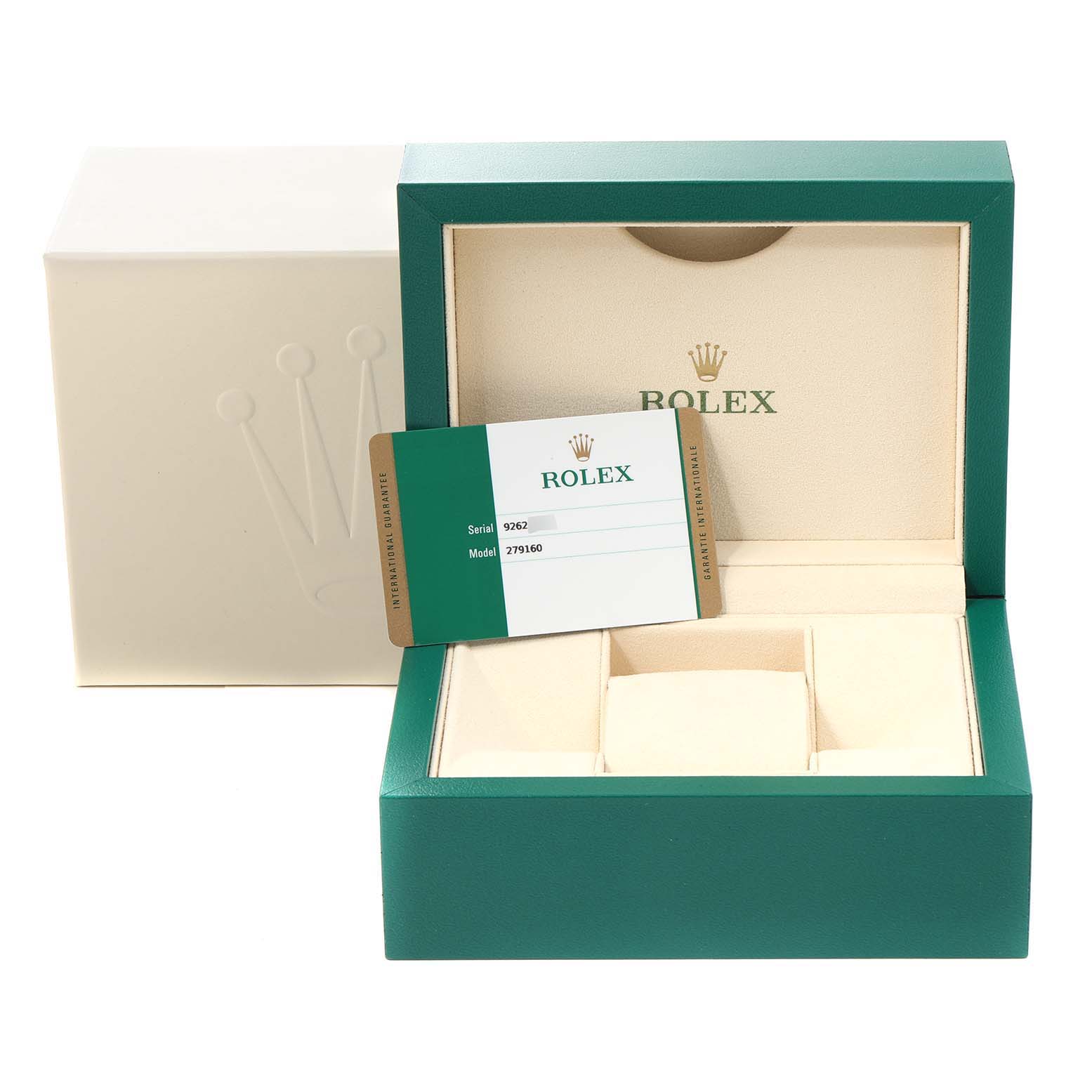 The image shows the box and warranty card for a Rolex Datejust 279160 Women's Stainless Steel Pink Dial 279160 Women's Stainless Steel Pink Dial watch.