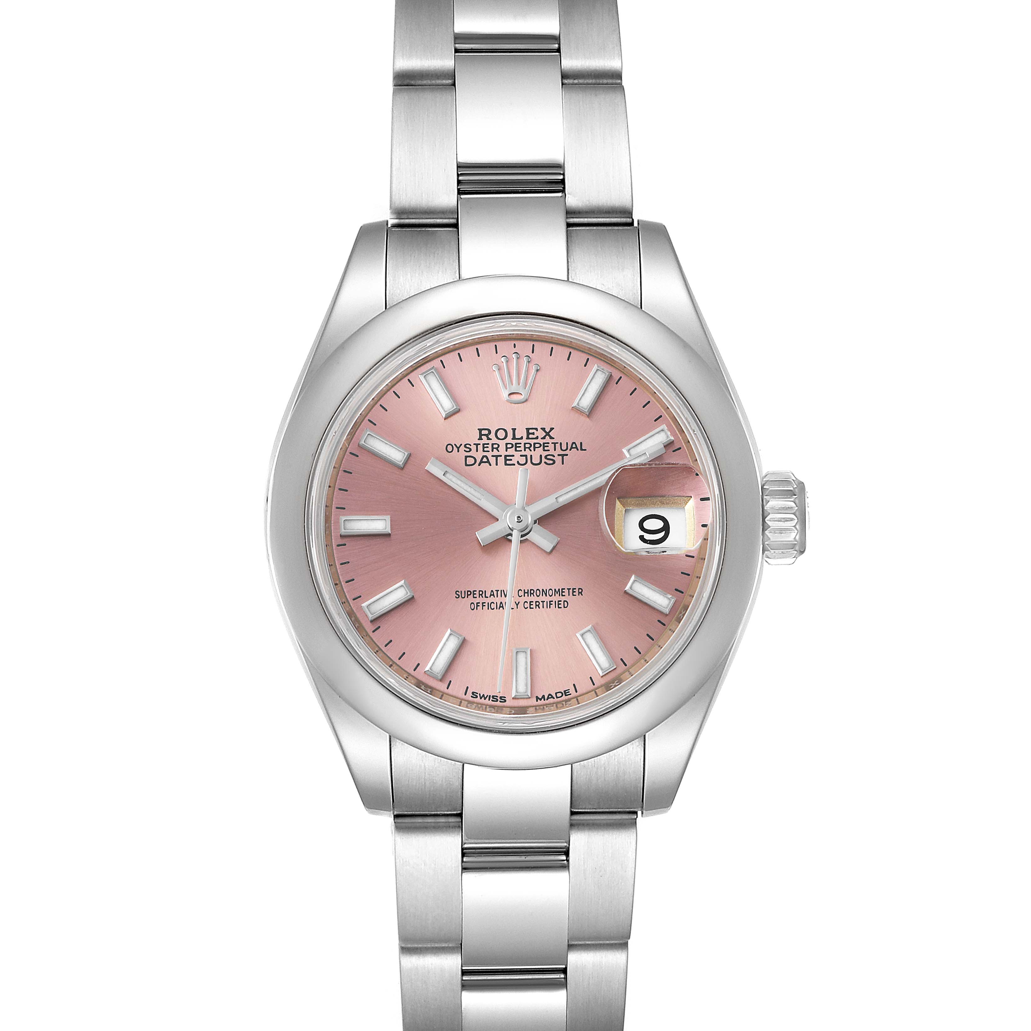 This image shows a front view of a Rolex Datejust 279160 Women's Stainless Steel Pink Dial 279160 Women's Stainless Steel Pink Dial watch with a pink dial and silver bracelet.