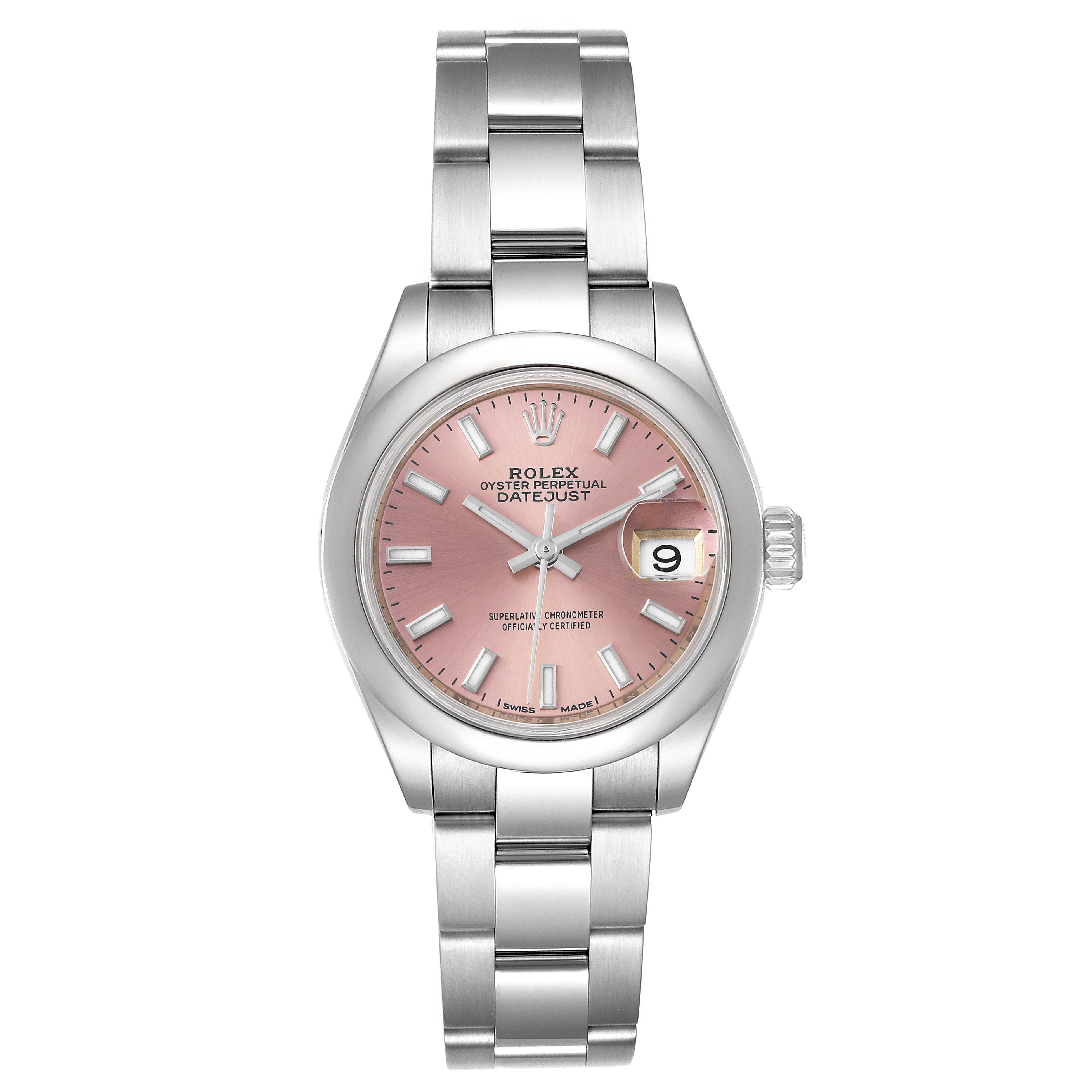 This is a Rolex Datejust 279160 Women's Stainless Steel Pink Dial 279160 Women's Stainless Steel Pink Dial watch shown from the front, displaying its face, case, and bracelet.