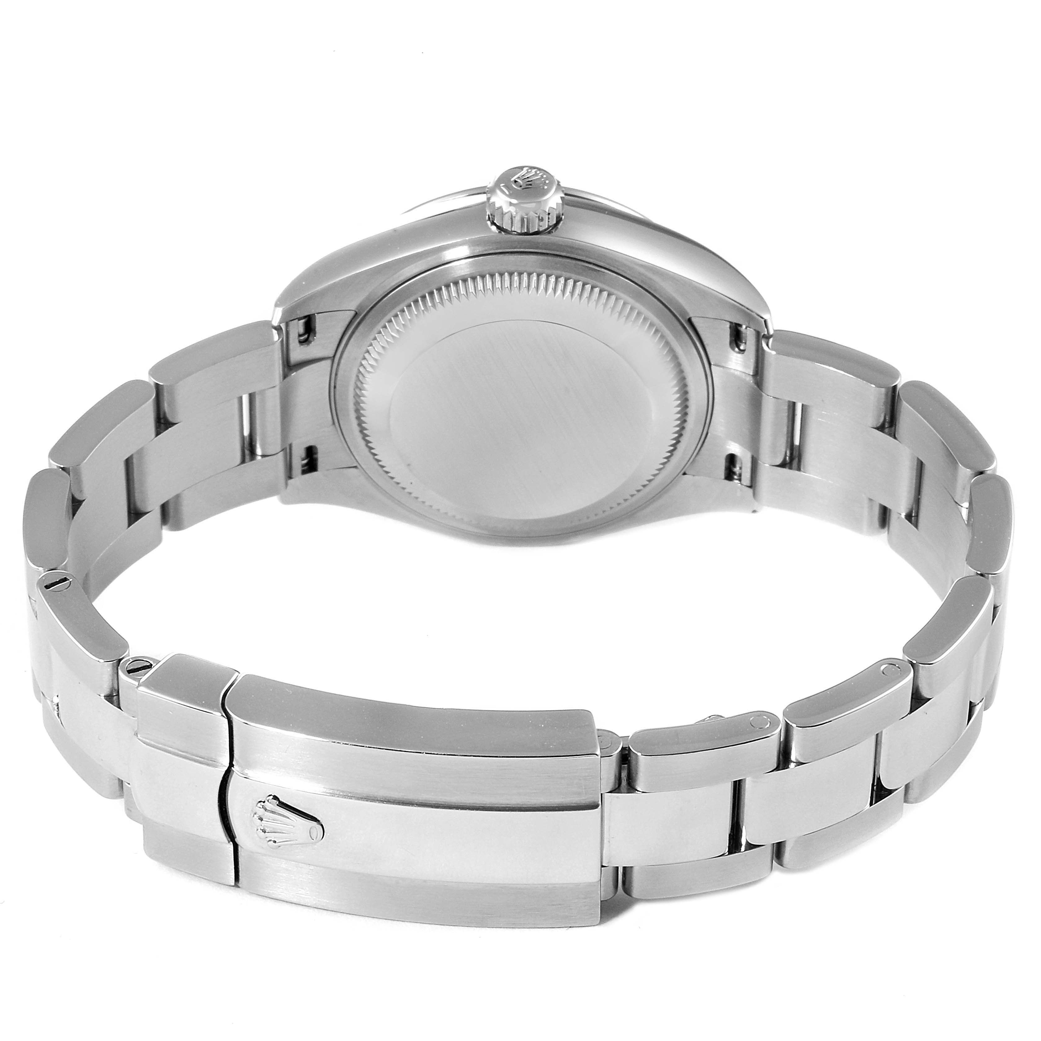 The image shows the back view of a Rolex Datejust 279160 Women's Stainless Steel Pink Dial 279160 Women's Stainless Steel Pink Dial watch, displaying the case back, bracelet, and clasp.