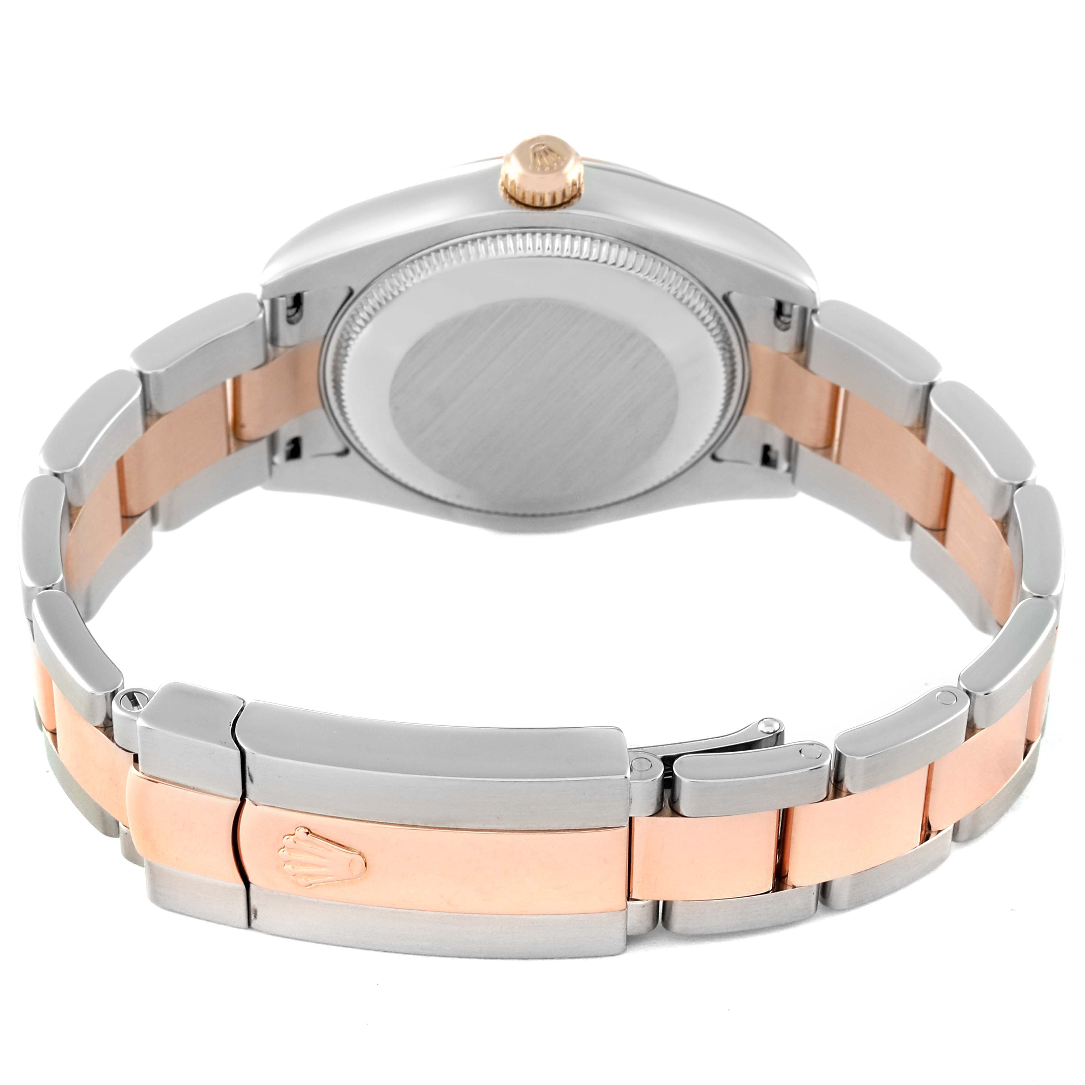 This image shows the back and the two-tone bracelet clasp of a Rolex Datejust 178241 Women's Steel and Gold (two tone) Black Dial 178241 Women's Steel and Gold (two tone) Black Dial watch at an angled rear view.