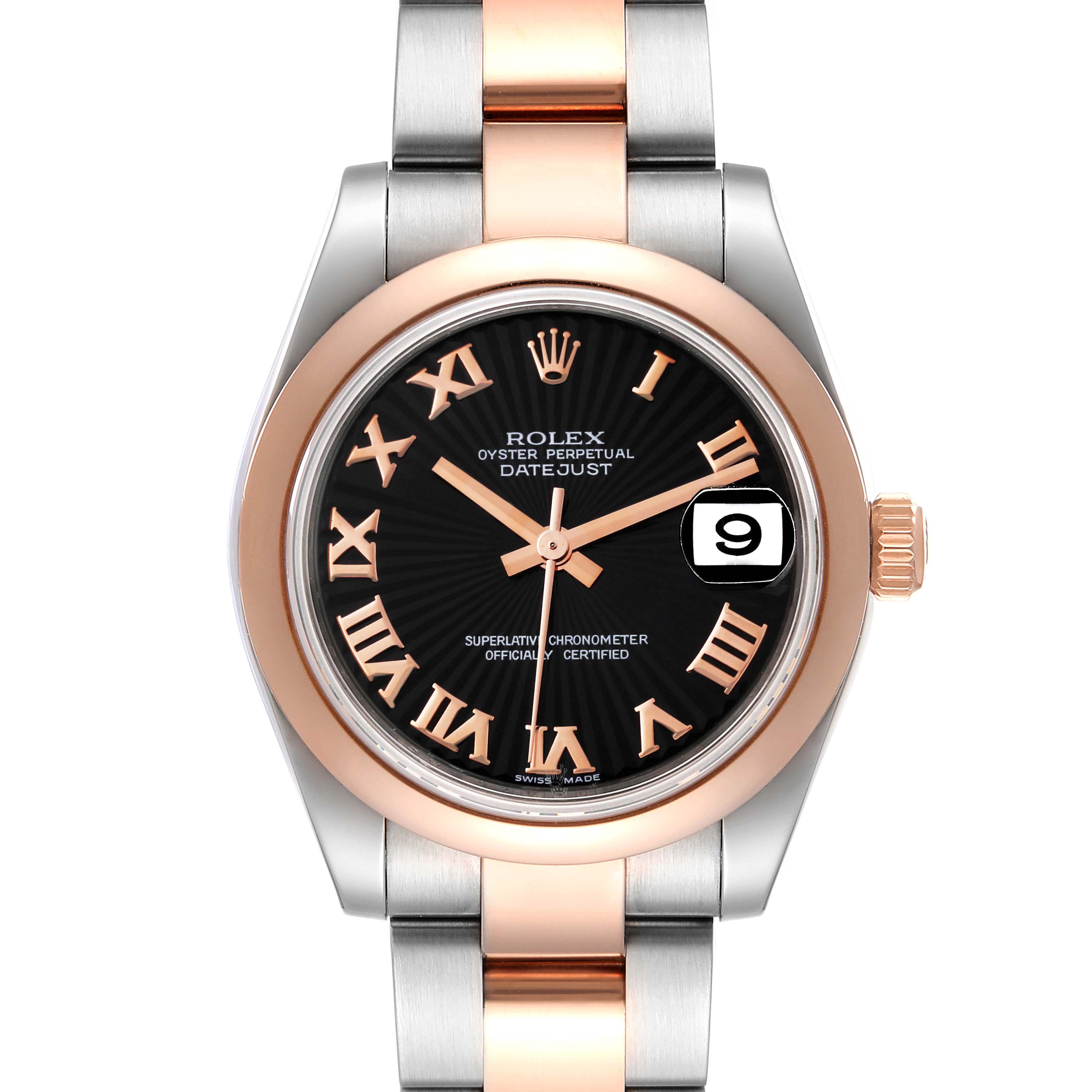This image shows a front view of a Rolex Datejust 178241 Women's Steel and Gold (two tone) Black Dial 178241 Women's Steel and Gold (two tone) Black Dial watch, highlighting its black dial, rose gold bezel, and oyster bracelet.
