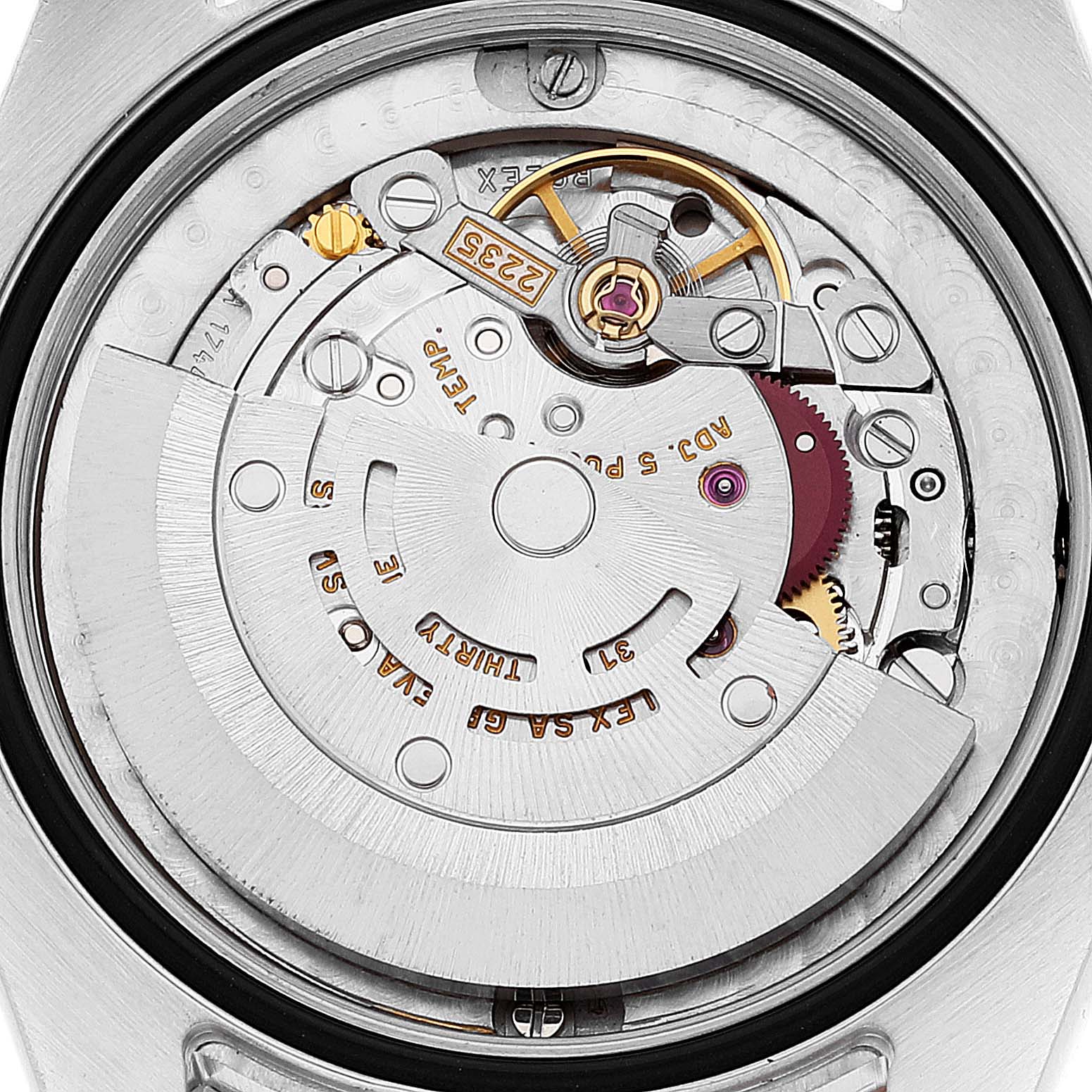 This image shows the internal movement mechanism of a Rolex Datejust 178241 Women's Steel and Gold (two tone) Black Dial 178241 Women's Steel and Gold (two tone) Black Dial watch from a top-down angle.