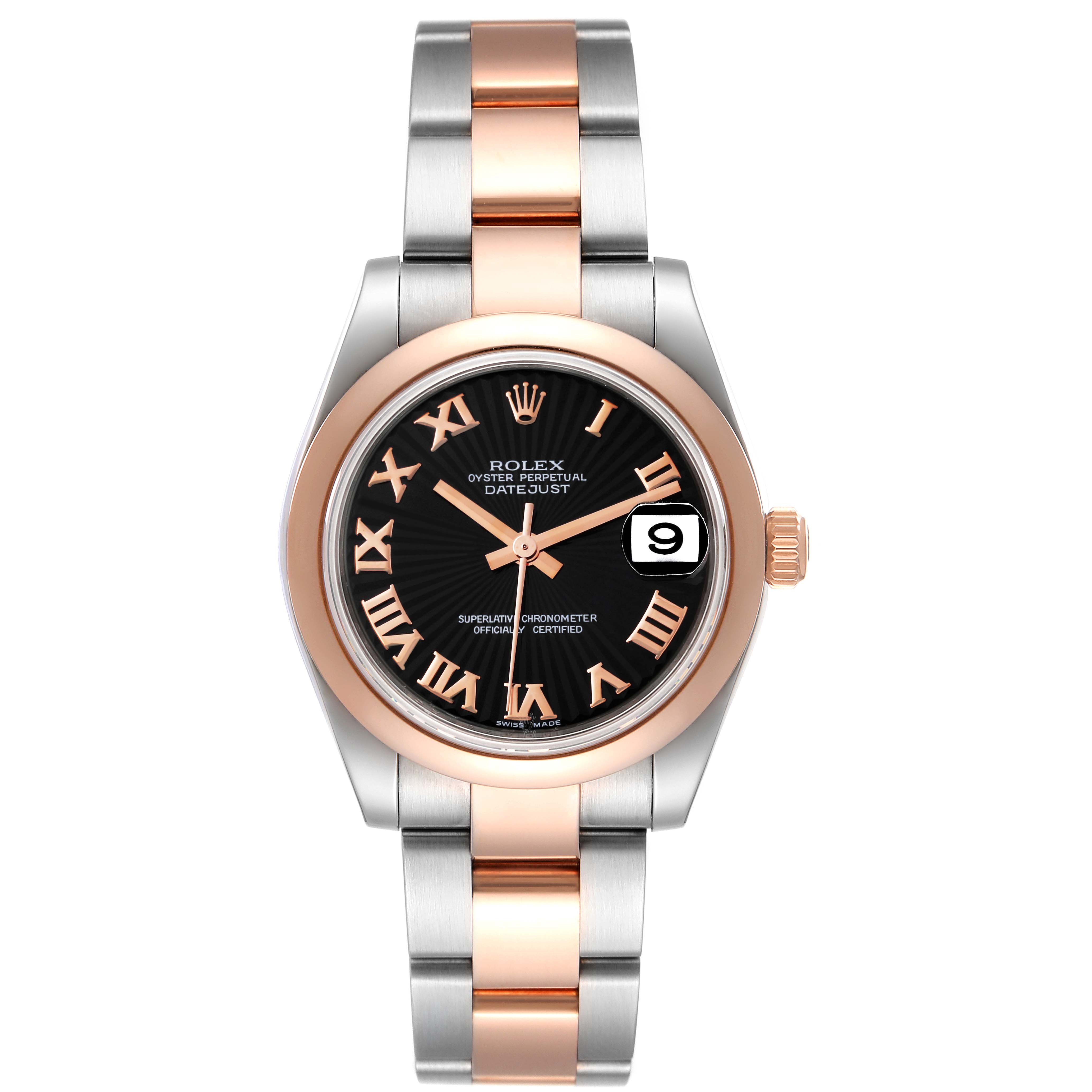 This image shows a Rolex Datejust 178241 Women's Steel and Gold (two tone) Black Dial 178241 Women's Steel and Gold (two tone) Black Dial watch from a straight-on angle, highlighting the dial, bezel, and bracelet.