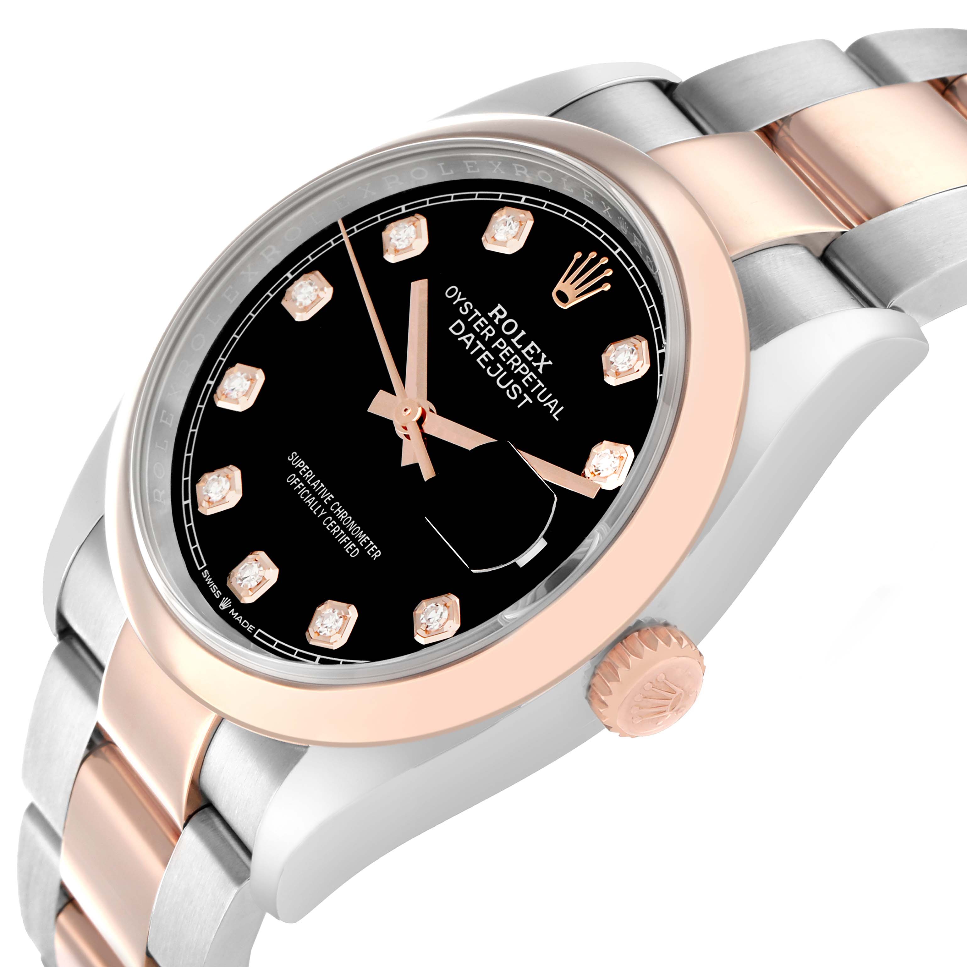 The Rolex Datejust 126201 Men
s Steel and Gold (two tone) Black Dial watch is shown at a three-quarter angle, highlighting the dial, bezel, crown, and part of the bracelet.