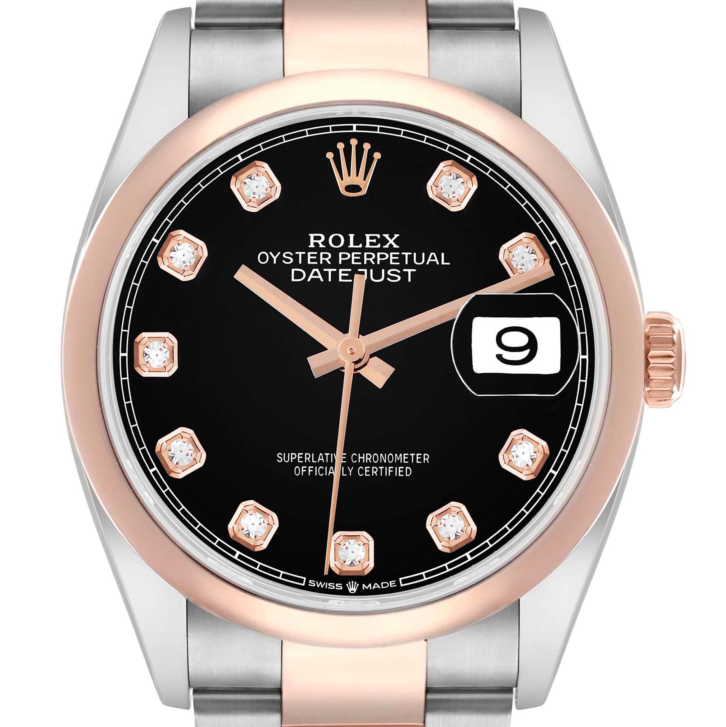 The Rolex Datejust 126201 Men
s Steel and Gold (two tone) Black Dial watch is shown from the front, featuring the dial, bezel, and part of the bracelet.