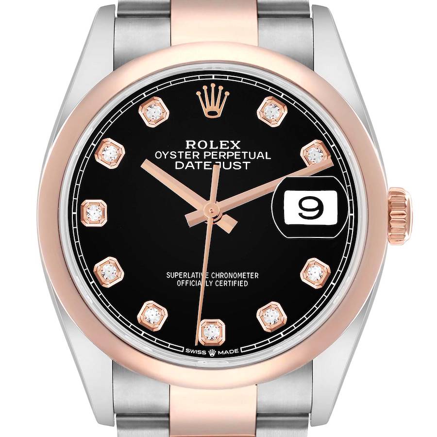 The Rolex Datejust 126201 Men's Steel and Gold (two tone) Black Dial watch is shown from the front, featuring the dial, bezel, and part of the bracelet.