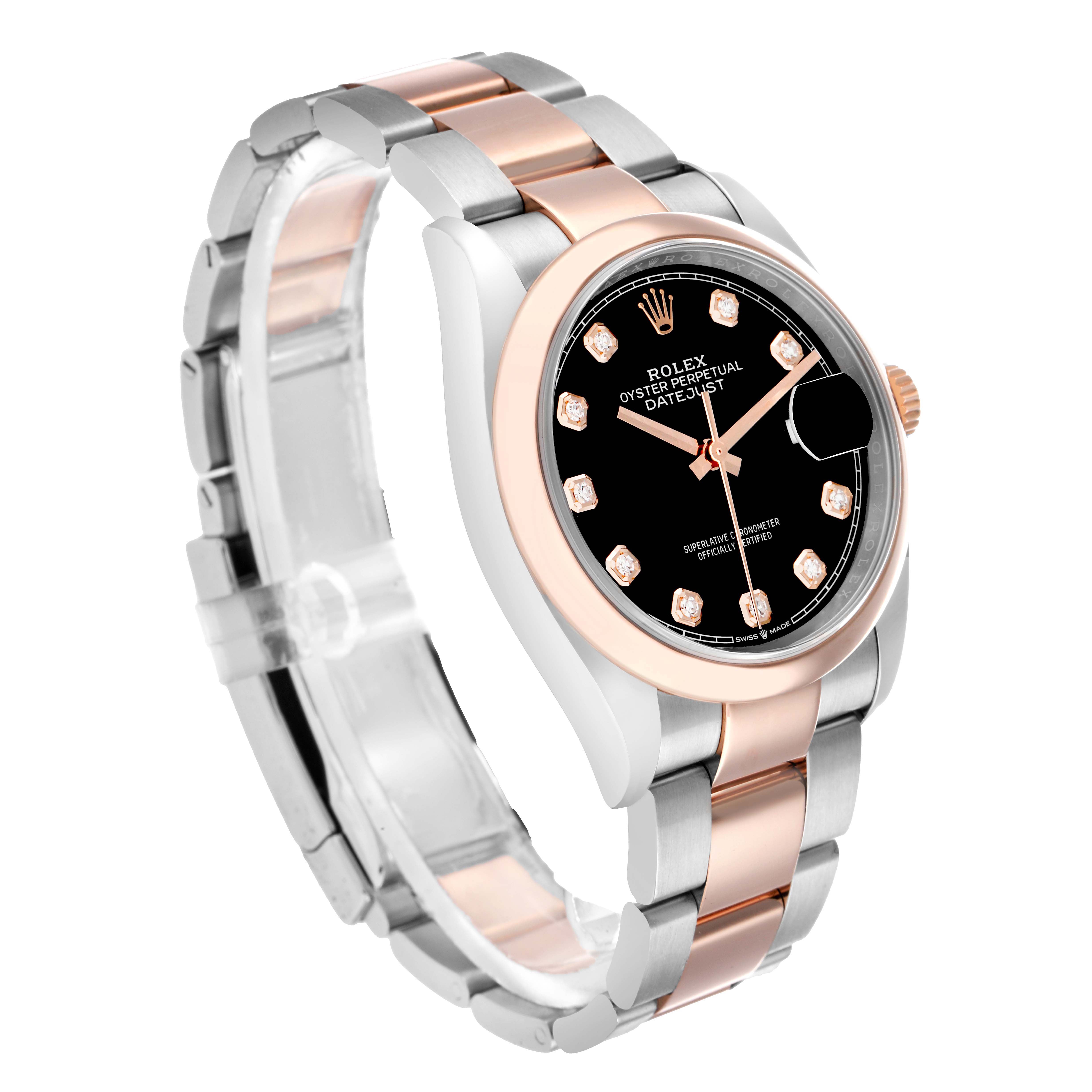 The Rolex Datejust 126201 Men
s Steel and Gold (two tone) Black Dial watch is shown at a three-quarter angle, highlighting the dial, case, and bracelet.