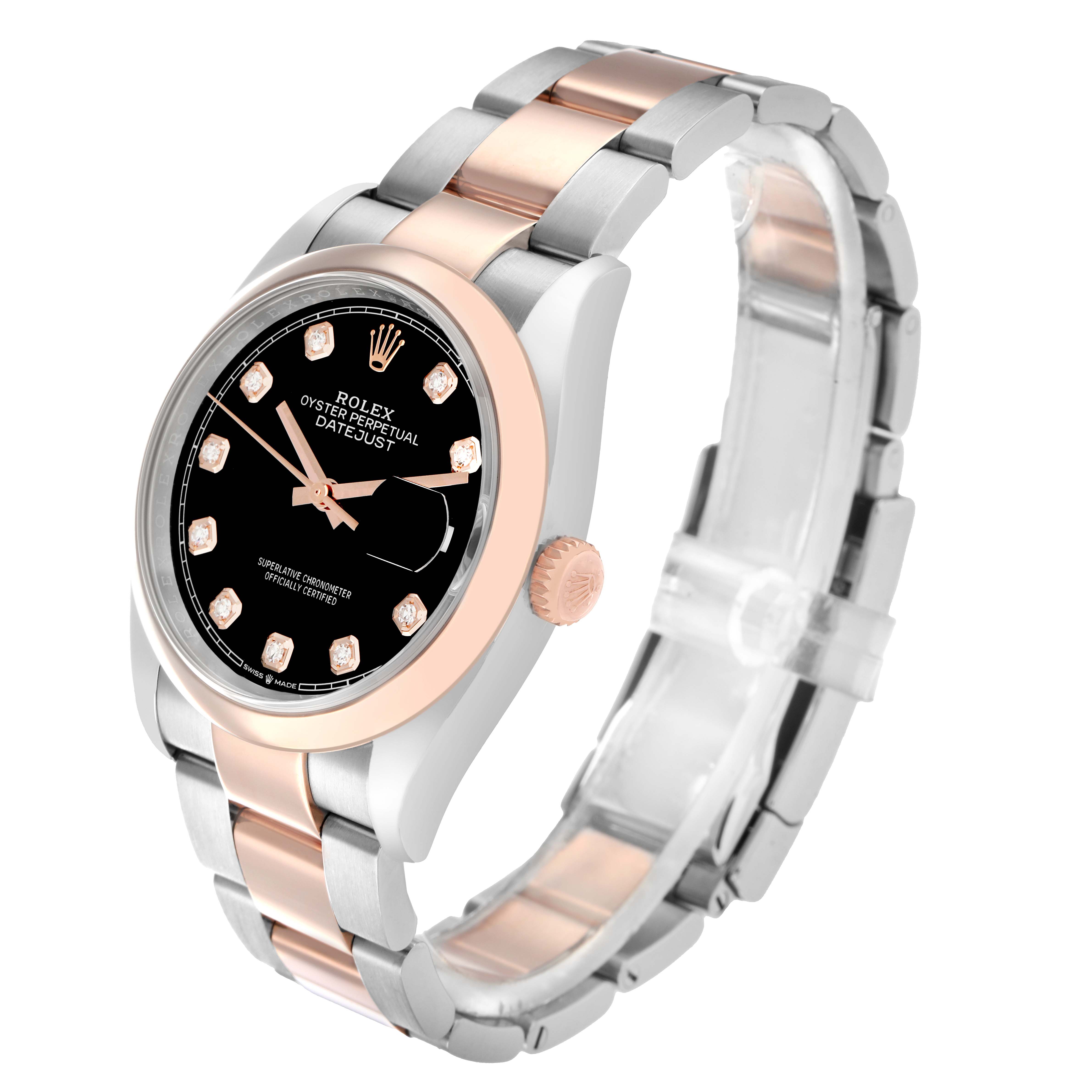 The Rolex Datejust 126201 Men
s Steel and Gold (two tone) Black Dial watch is shown at a three-quarter angle, highlighting the case, bracelet, and face.