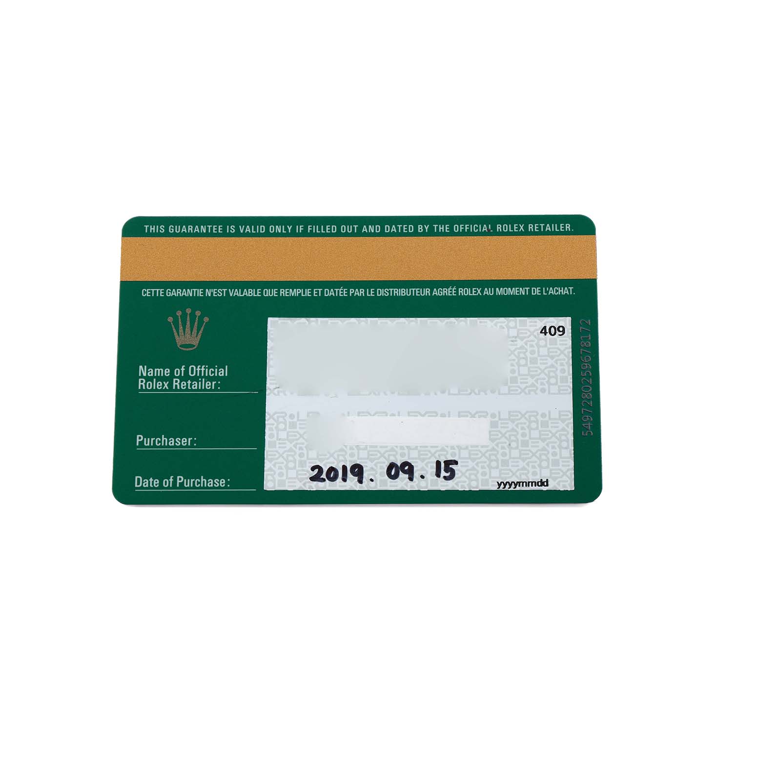 The image shows a warranty card for a Rolex Datejust 126201 Men
s Steel and Gold (two tone) Black Dial, displaying official retailer and purchase details.