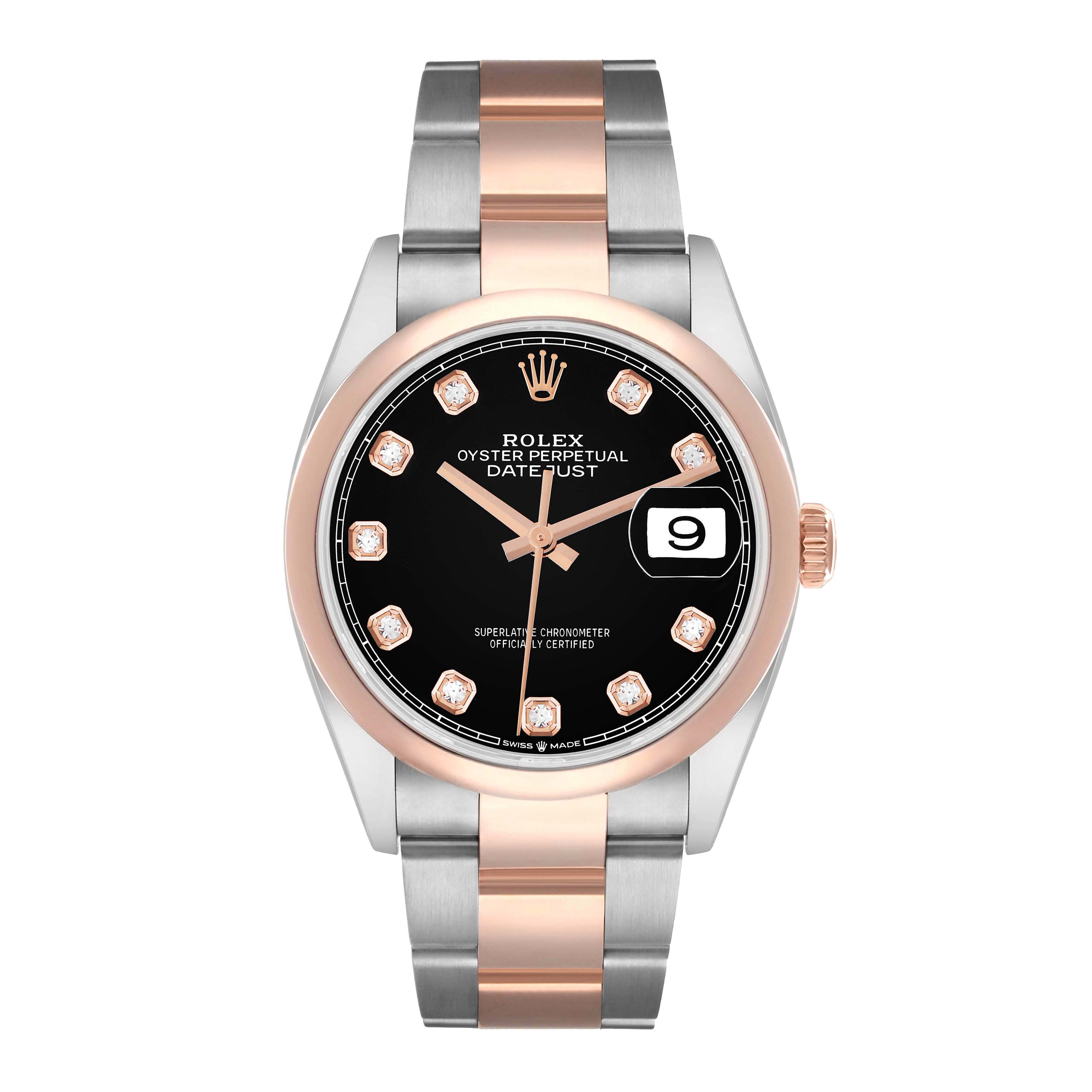 The Rolex Datejust 126201 Men
s Steel and Gold (two tone) Black Dial watch is shown from a front view, displaying its two-tone bracelet and black dial.