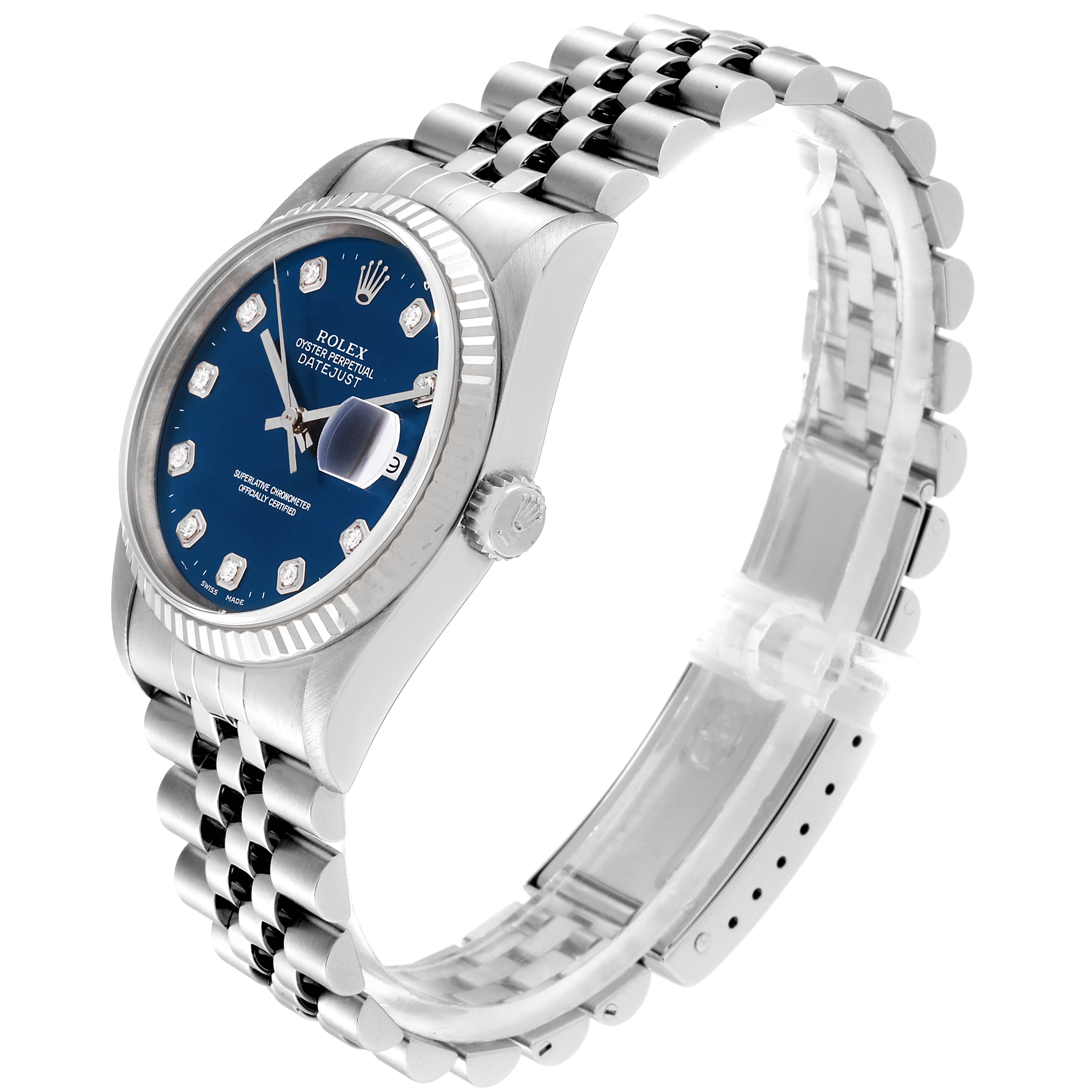 The Rolex Datejust 16234 Men's Stainless Steel Blue Dial 16234 Men's Stainless Steel Blue Dial watch is shown at a three-quarter angle displaying the dial, bezel, crown, and part of the bracelet.