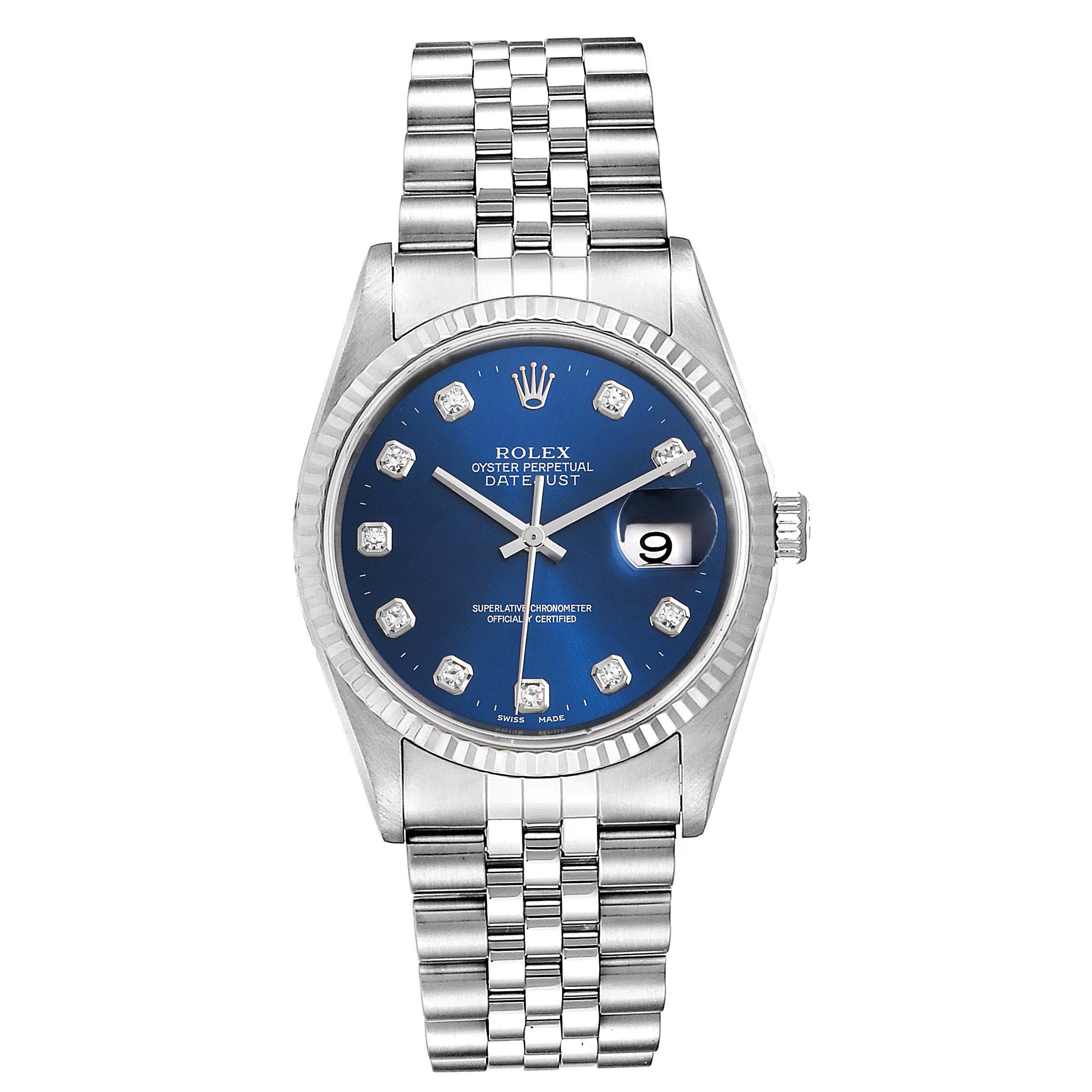 This image shows a Rolex Datejust 16234 Men's Stainless Steel Blue Dial 16234 Men's Stainless Steel Blue Dial watch from a front angle, highlighting the blue dial, Jubilee bracelet, and diamond hour markers.