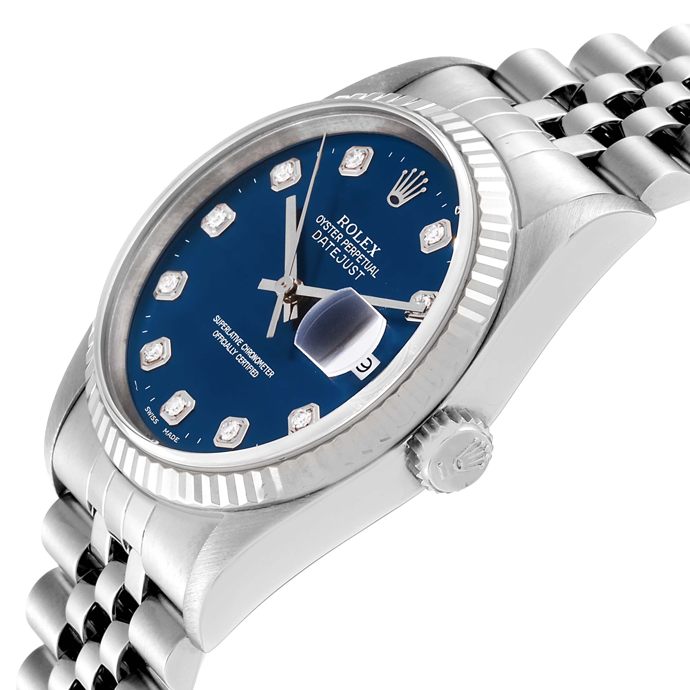 The image shows a Rolex Datejust 16234 Men's Stainless Steel Blue Dial 16234 Men's Stainless Steel Blue Dial watch at an angled view, highlighting the blue dial, Oyster case, crown, fluted bezel, and Jubilee bracelet.