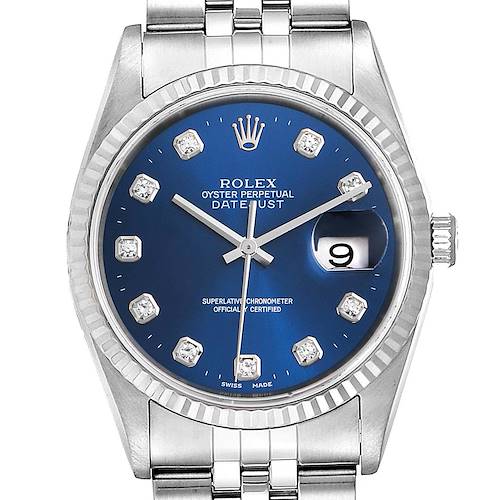 This image shows a front view of the Rolex Datejust watch with its blue dial, jubilee bracelet, and fluted bezel.