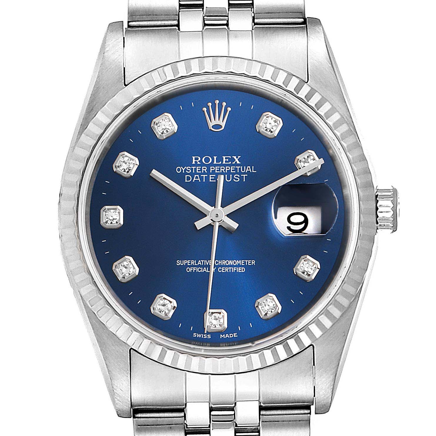 This is a front view of a Rolex Datejust 16234 Men's Stainless Steel Blue Dial 16234 Men's Stainless Steel Blue Dial watch showing its blue dial, fluted bezel, and stainless steel bracelet.