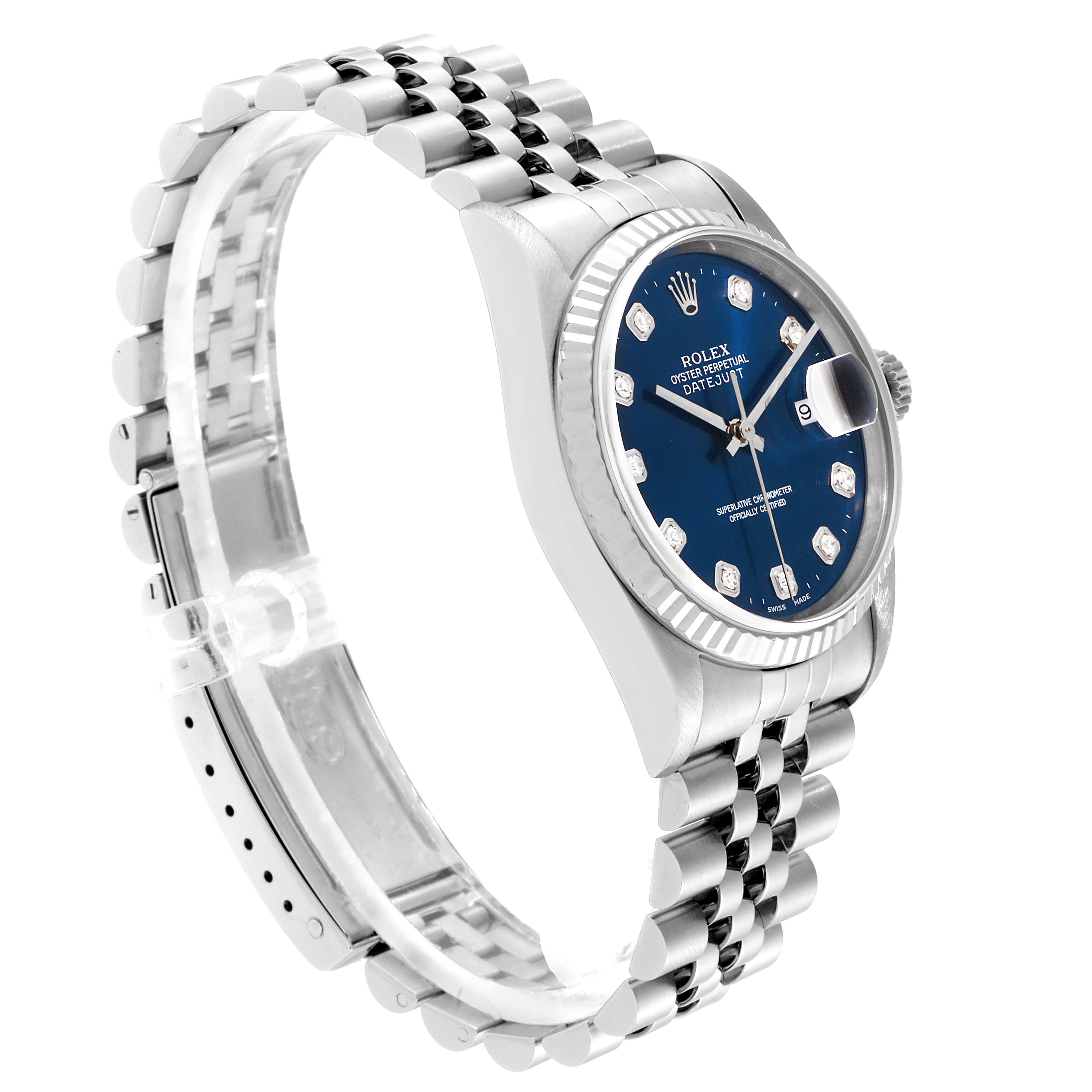 A Rolex Datejust 16234 Men's Stainless Steel Blue Dial 16234 Men's Stainless Steel Blue Dial watch shown from a side angle, highlighting its polished case, blue dial, and Jubilee bracelet.