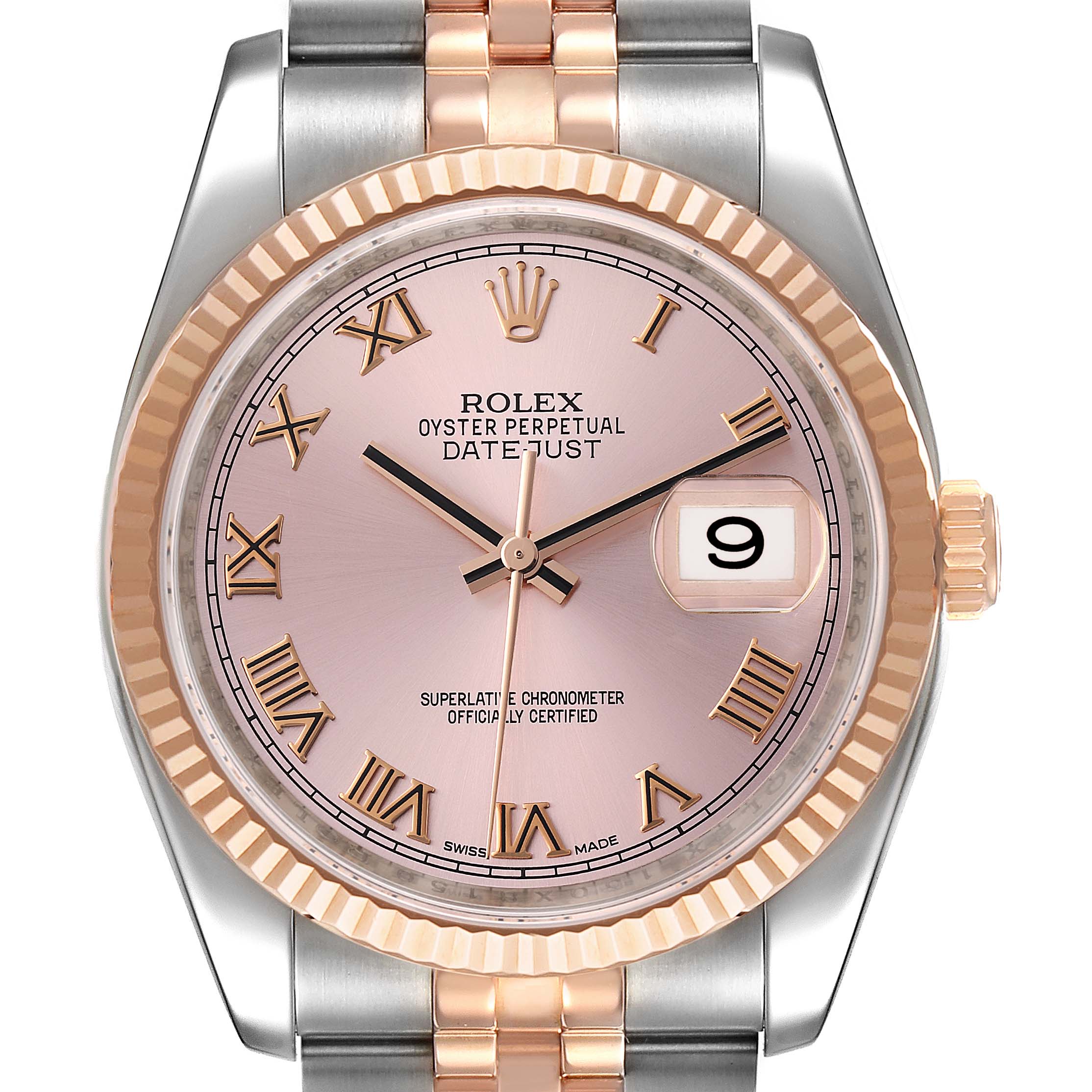 The Rolex Datejust 116231 Men's Steel and Gold (two tone) Pink Dial 116231 Men's Steel and Gold (two tone) Pink Dial watch is shown from the front, displaying its face, bezel, and upper part of the bracelet.