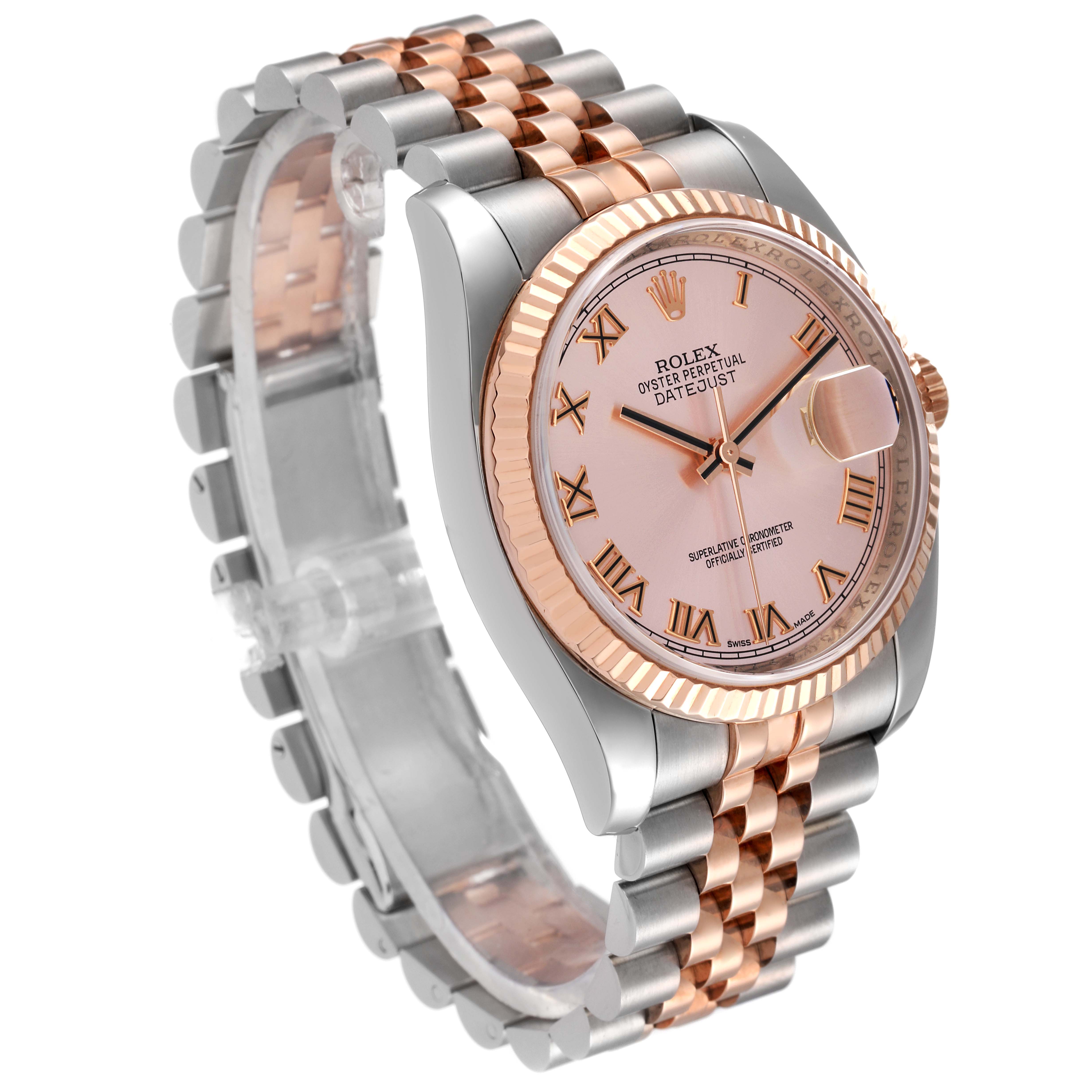The image shows a Rolex Datejust 116231 Men's Steel and Gold (two tone) Pink Dial 116231 Men's Steel and Gold (two tone) Pink Dial watch from a three-quarter angle, highlighting the dial, fluted bezel, and two-tone bracelet.