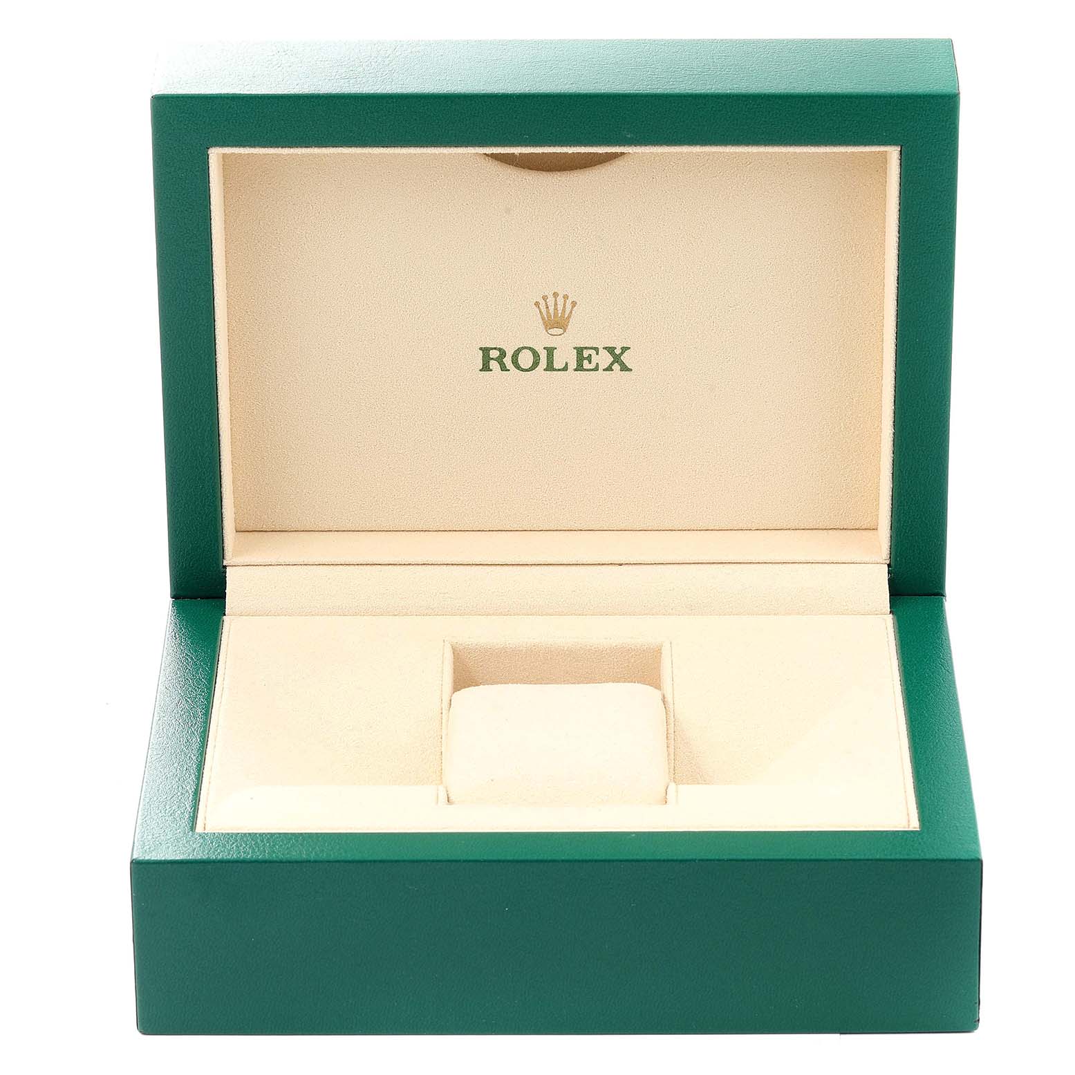 The image shows an empty green and beige Rolex watch box for the Datejust model, viewed from the front with the lid open.