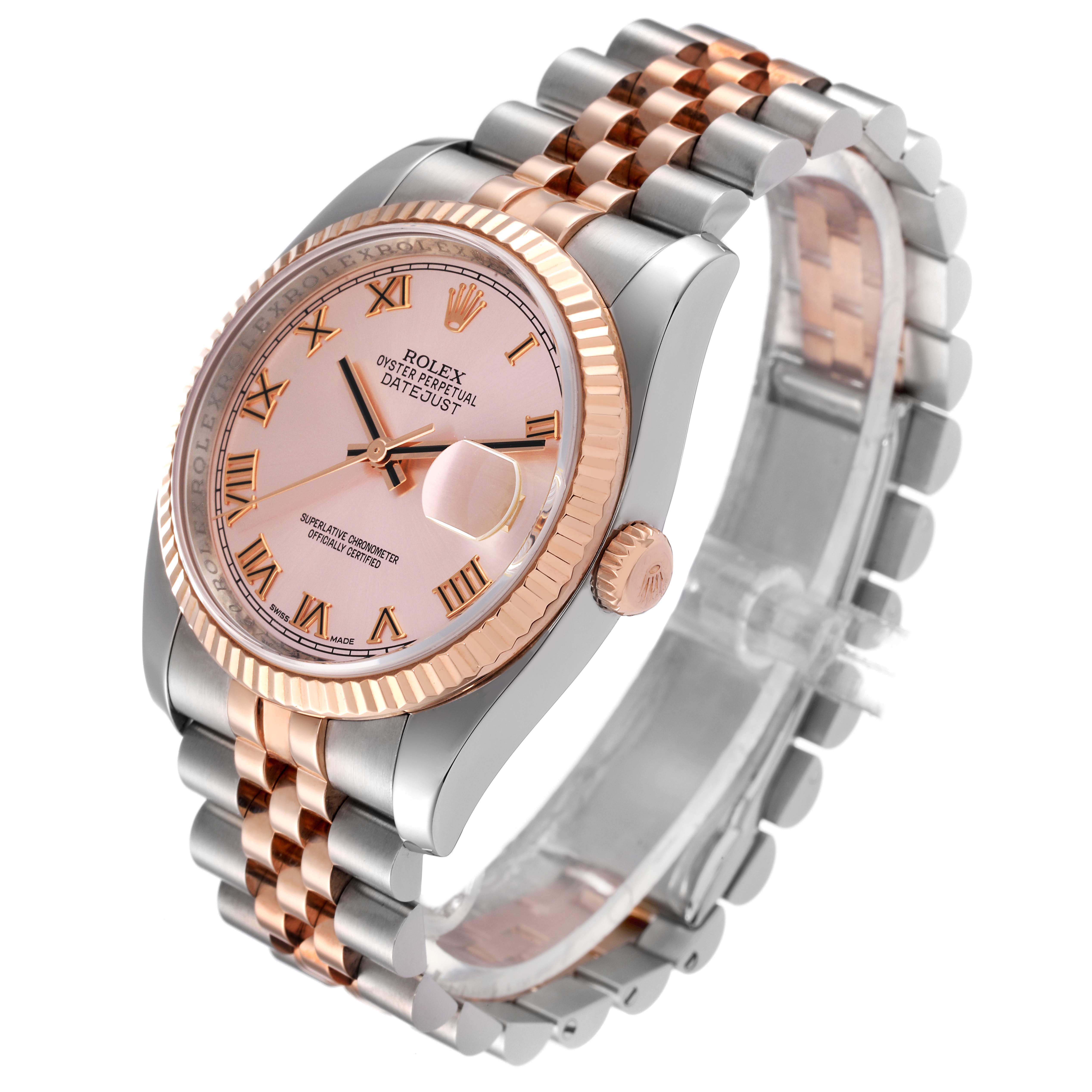 The image shows a Rolex Datejust 116231 Men's Steel and Gold (two tone) Pink Dial 116231 Men's Steel and Gold (two tone) Pink Dial watch from an angled perspective, highlighting its dial, bezel, case, crown, and Jubilee bracelet.