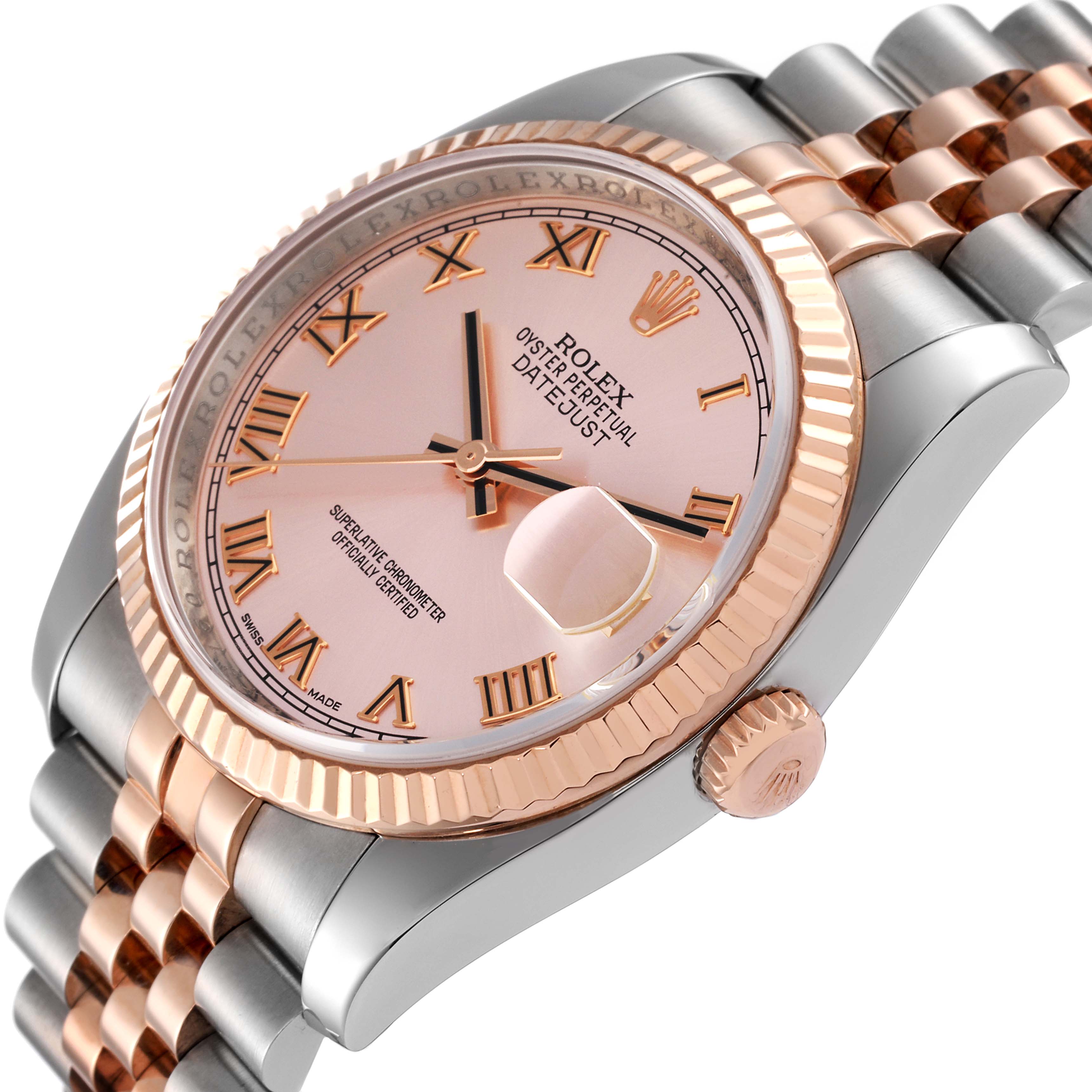 The image shows a close-up angled view of a Rolex Datejust 116231 Men's Steel and Gold (two tone) Pink Dial 116231 Men's Steel and Gold (two tone) Pink Dial watch, highlighting the dial, bezel, crown, and part of the bracelet.