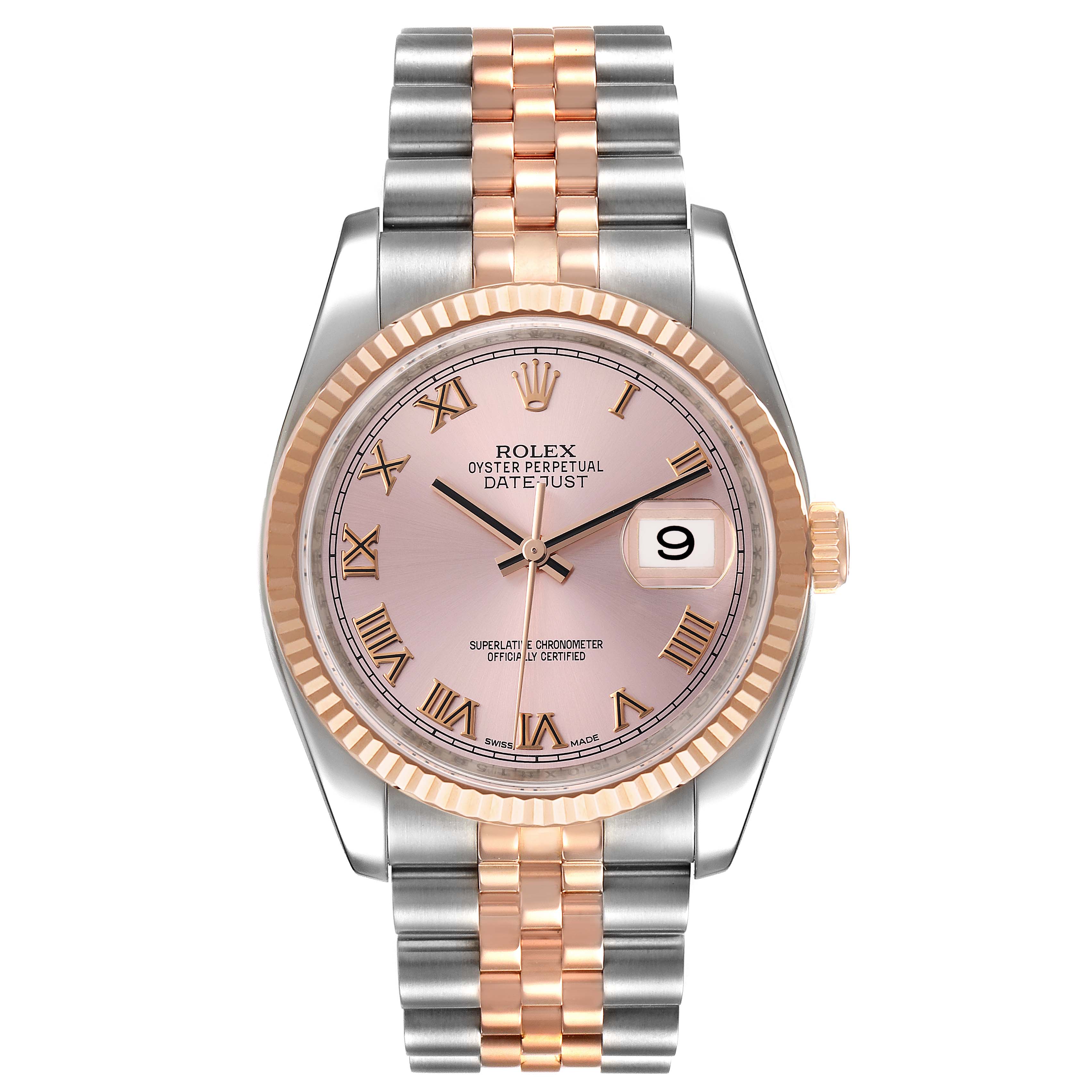 This image shows a front view of the Rolex Datejust 116231 Men's Steel and Gold (two tone) Pink Dial 116231 Men's Steel and Gold (two tone) Pink Dial watch, highlighting its two-tone bracelet and fluted bezel.