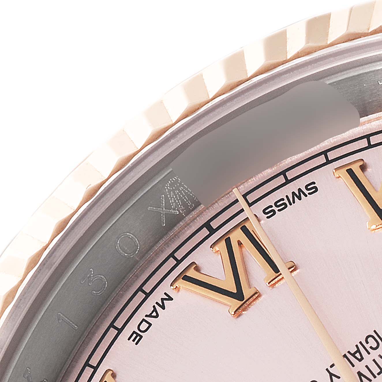 The image shows a close-up of the dial, bezel, and Roman numerals of a Rolex Datejust 116231 Men's Steel and Gold (two tone) Pink Dial 116231 Men's Steel and Gold (two tone) Pink Dial watch from an angled perspective.