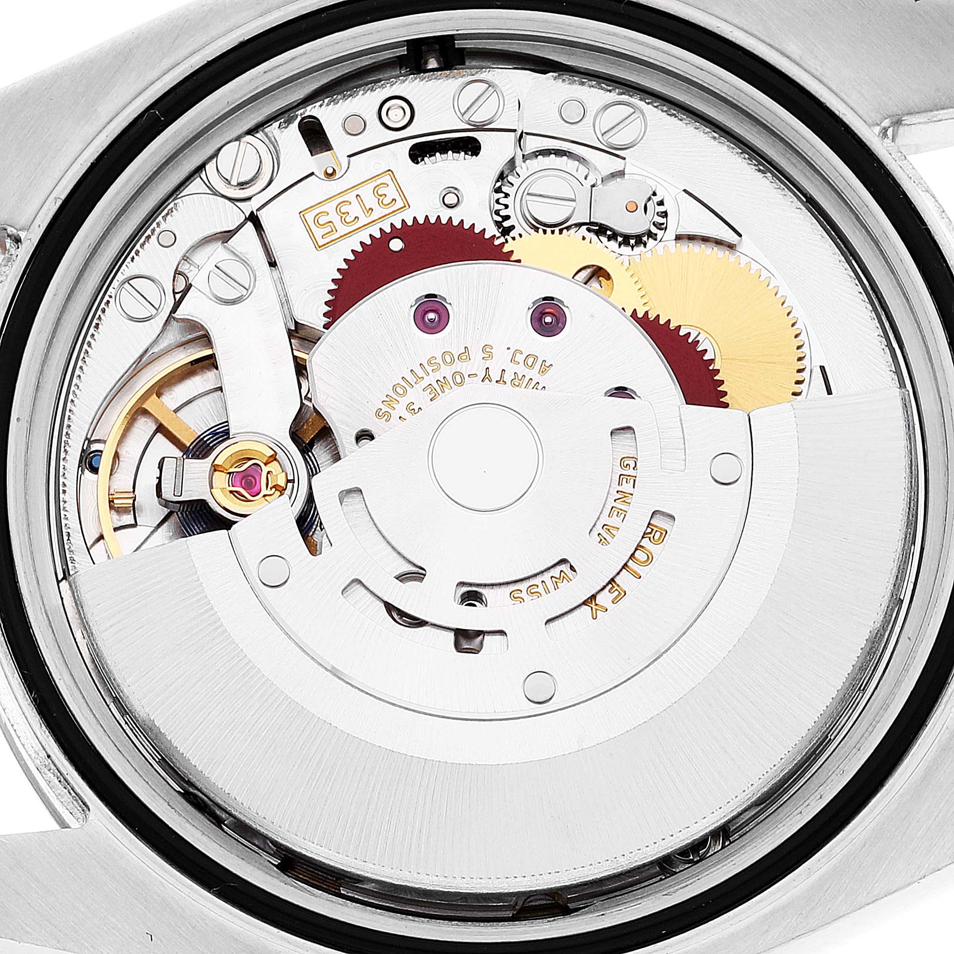 This image shows the internal mechanical movement of a Rolex Datejust 116231 Men's Steel and Gold (two tone) Pink Dial 116231 Men's Steel and Gold (two tone) Pink Dial watch from a rear view.