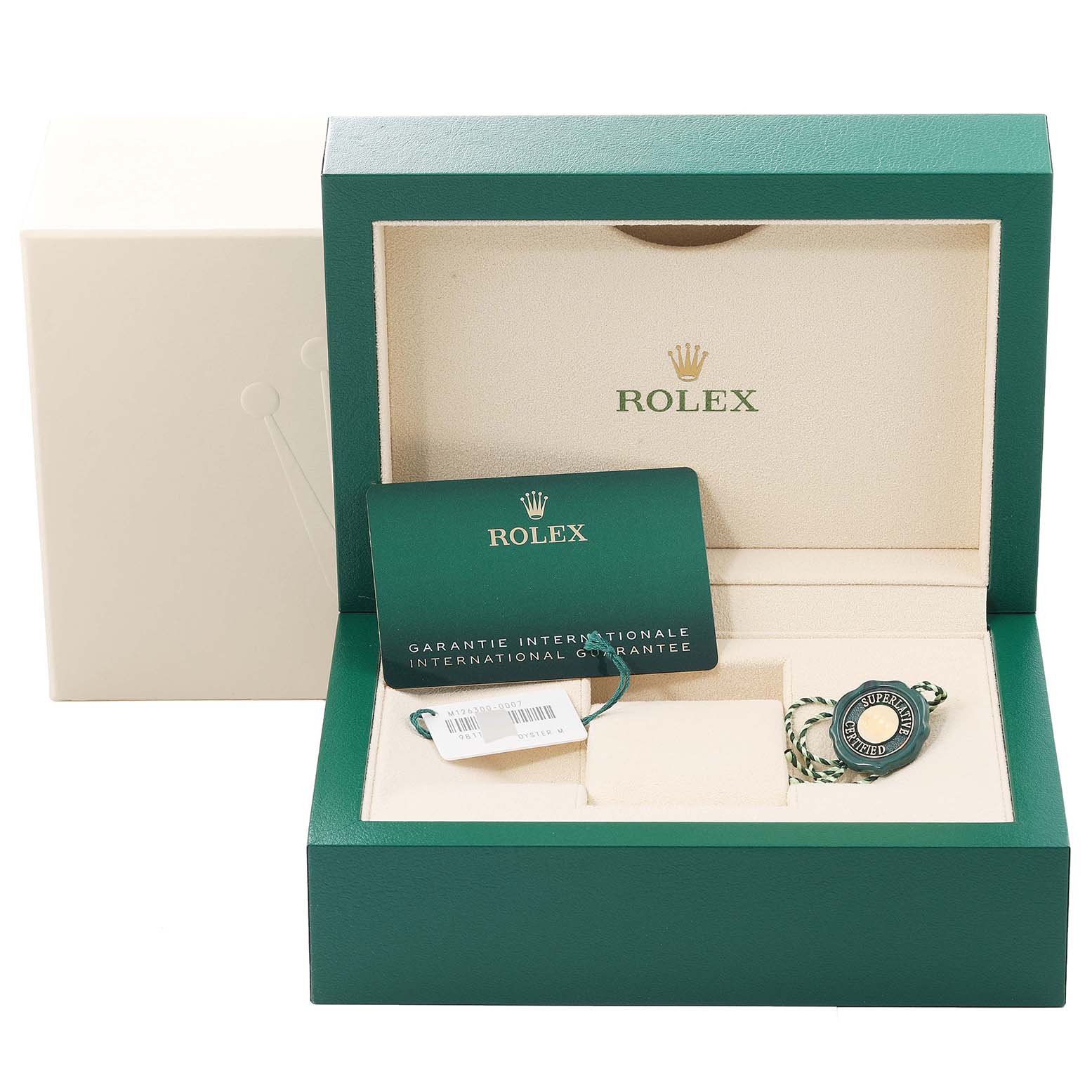The image shows the box and accessories of a Rolex Datejust 41 126300 Men
s Stainless Steel Grey Dial 126300 Men
s Stainless Steel Grey Dial, including the international guarantee card and tags.