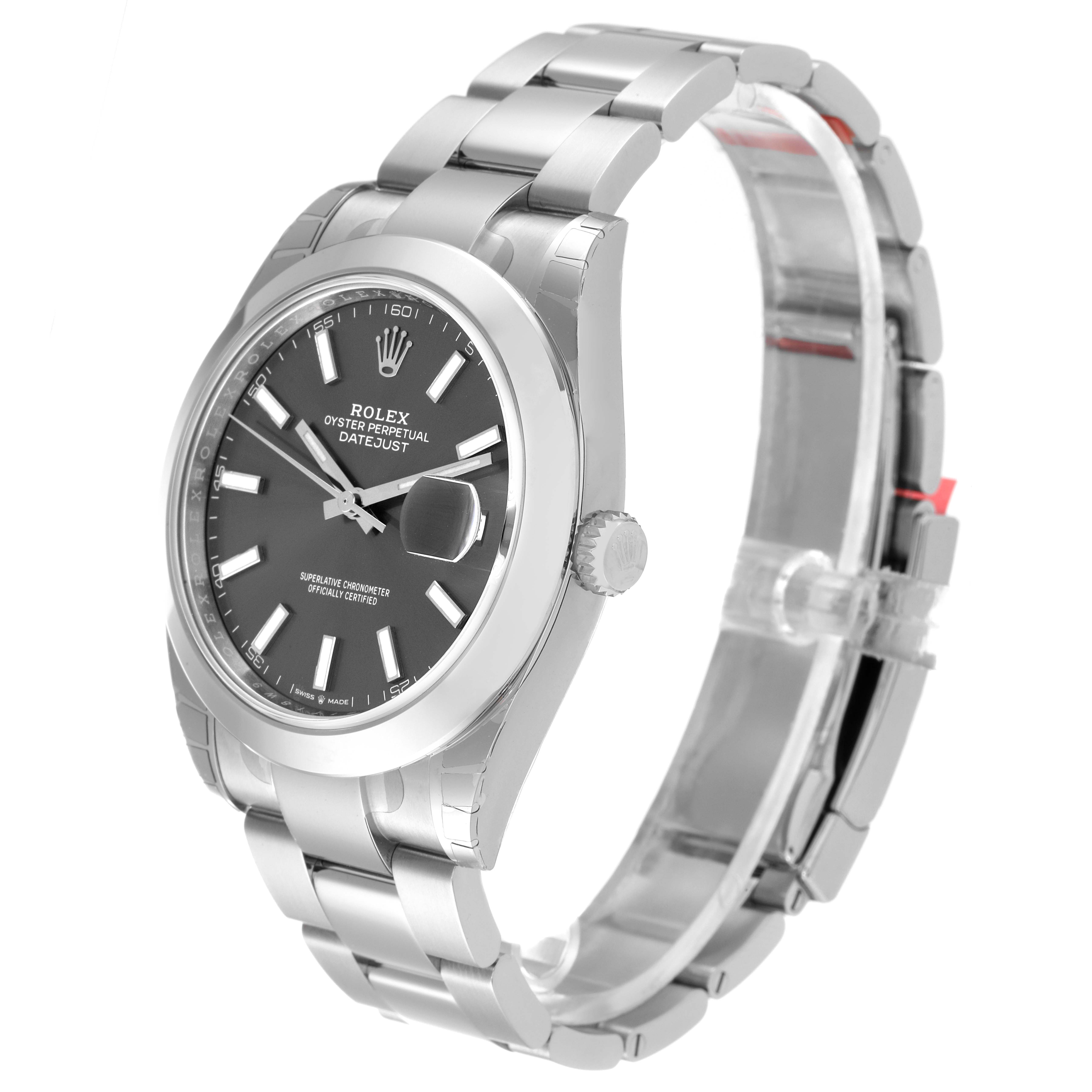 The Rolex Datejust 41 126300 Men
s Stainless Steel Grey Dial 126300 Men
s Stainless Steel Grey Dial watch is shown at an angle with its face, bracelet, and crown visible.