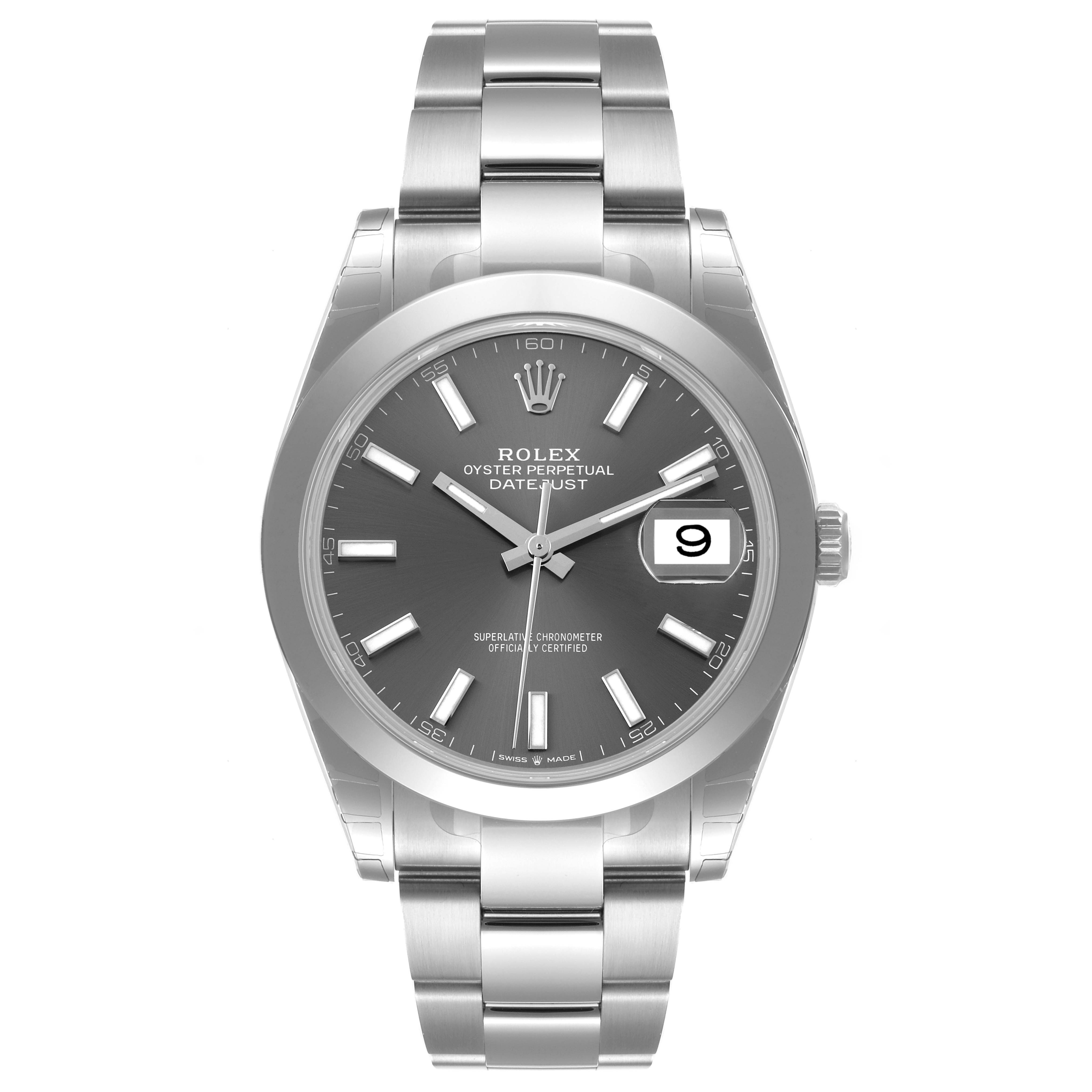 The image shows a Rolex Datejust 41 126300 Men
s Stainless Steel Grey Dial 126300 Men
s Stainless Steel Grey Dial watch from a front angle, highlighting its dial, bracelet, and date window.